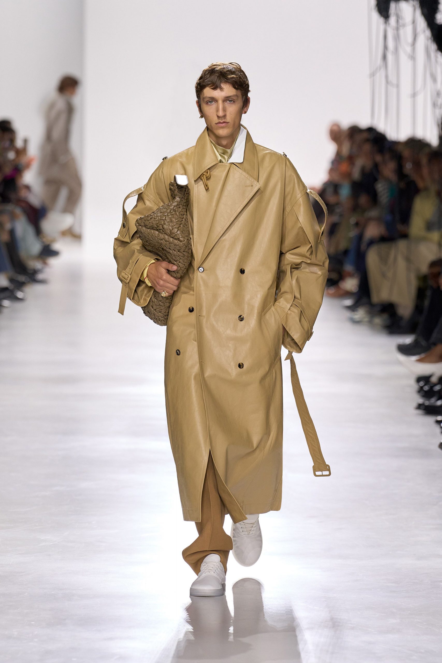 beige leather long-sleeve collared relaxed zippered pockets trench