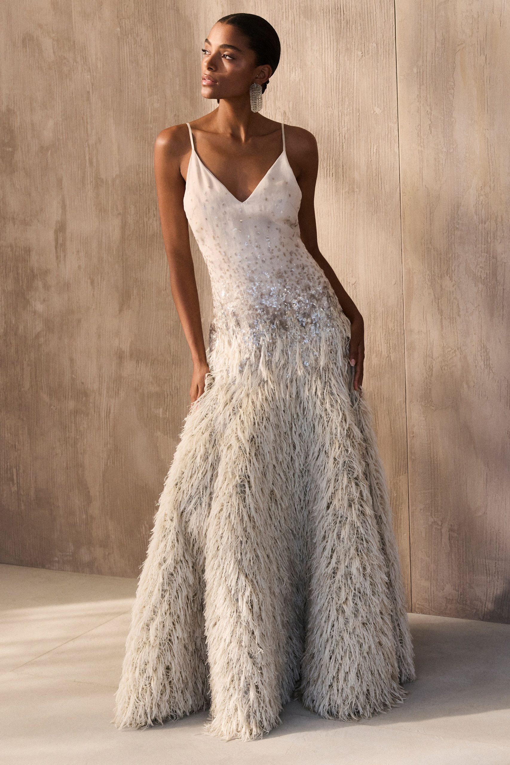 beige silk feather gown