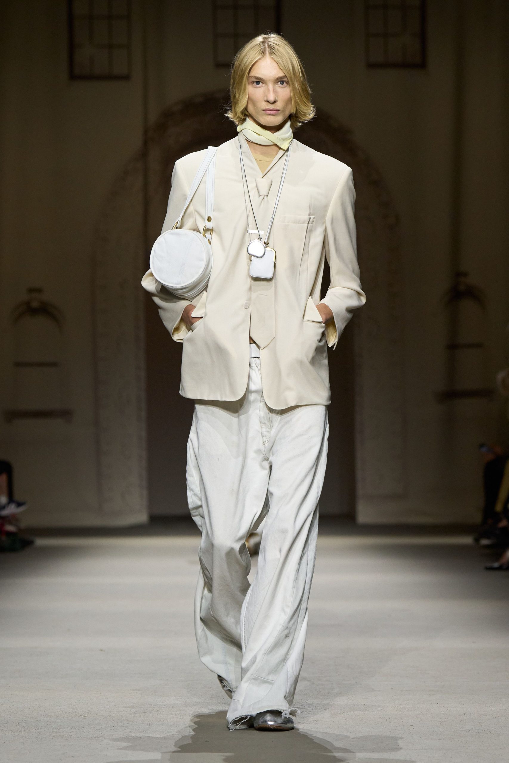 beige tailored blazer with relaxed pants