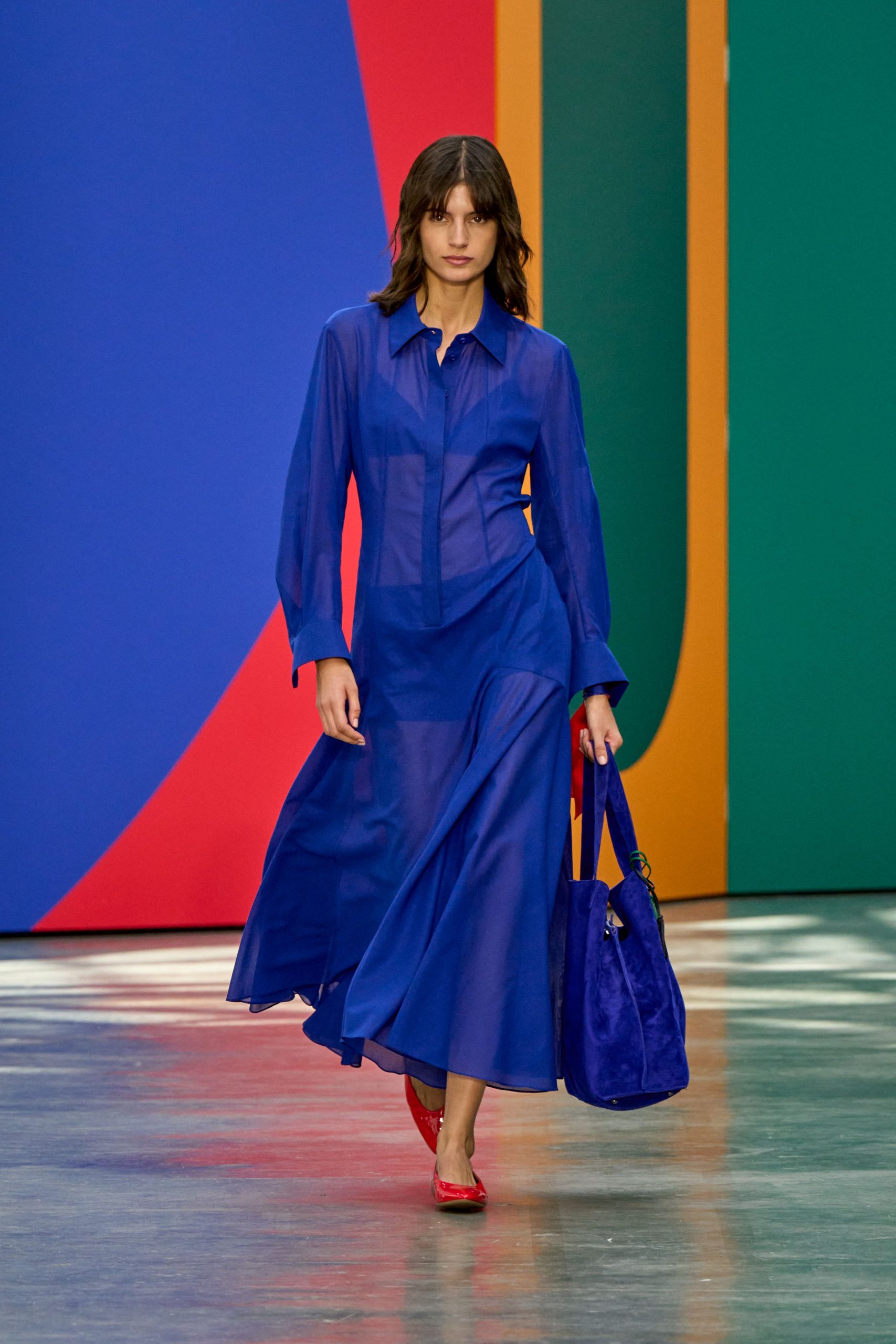 blue silk long-sleeve collared fitted pleated flowing dress
