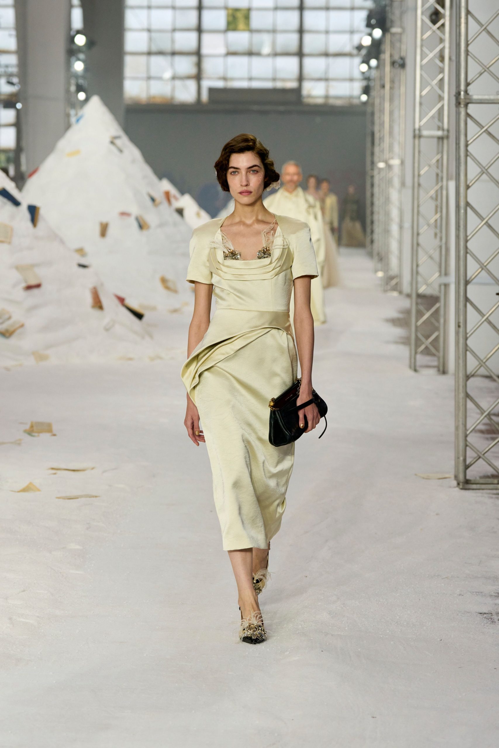 fitted yellow silk midi dress