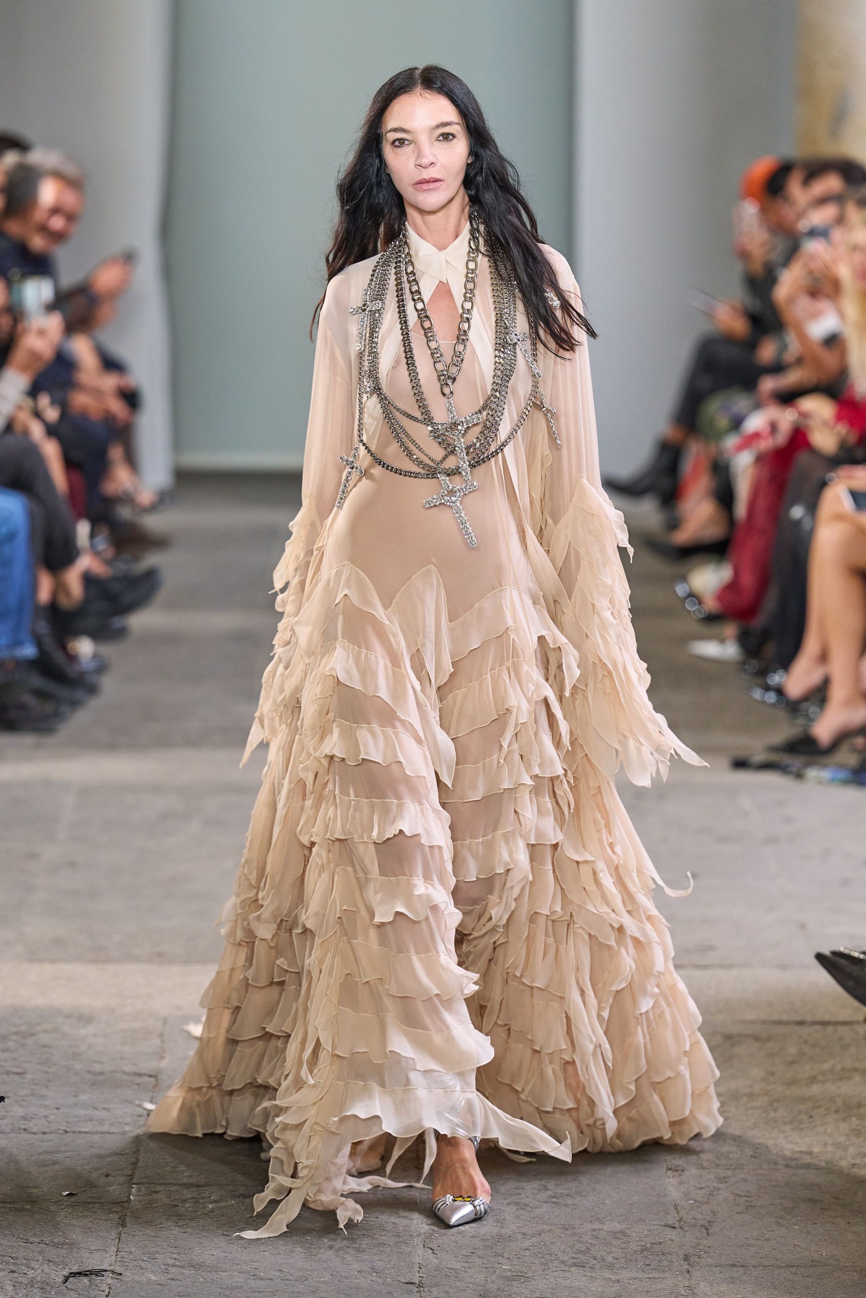 beige chiffon long-sleeve v-neck relaxed ruffled layered gown