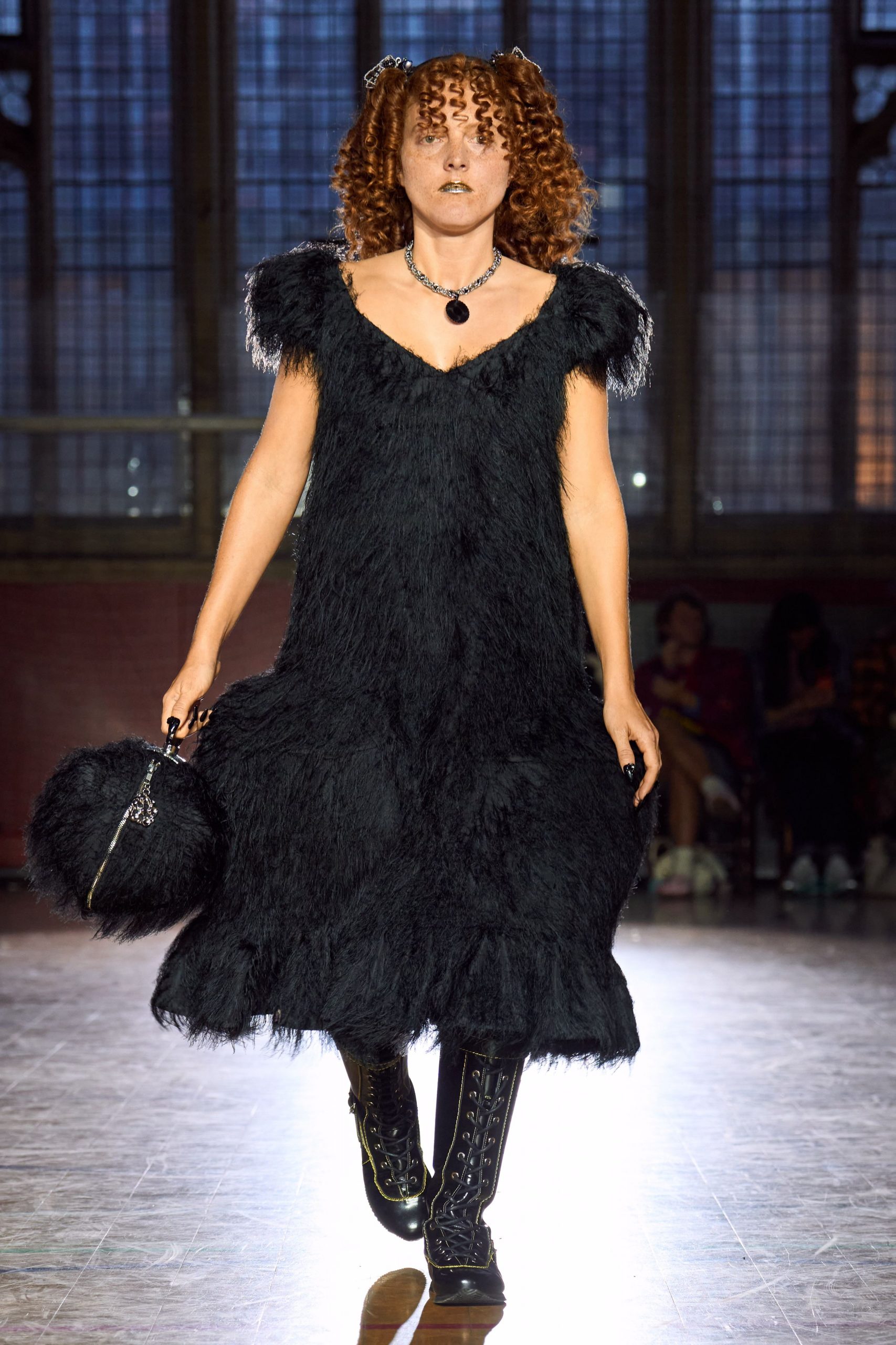 black fur sleeveless v-neck relaxed ruffled midi dress