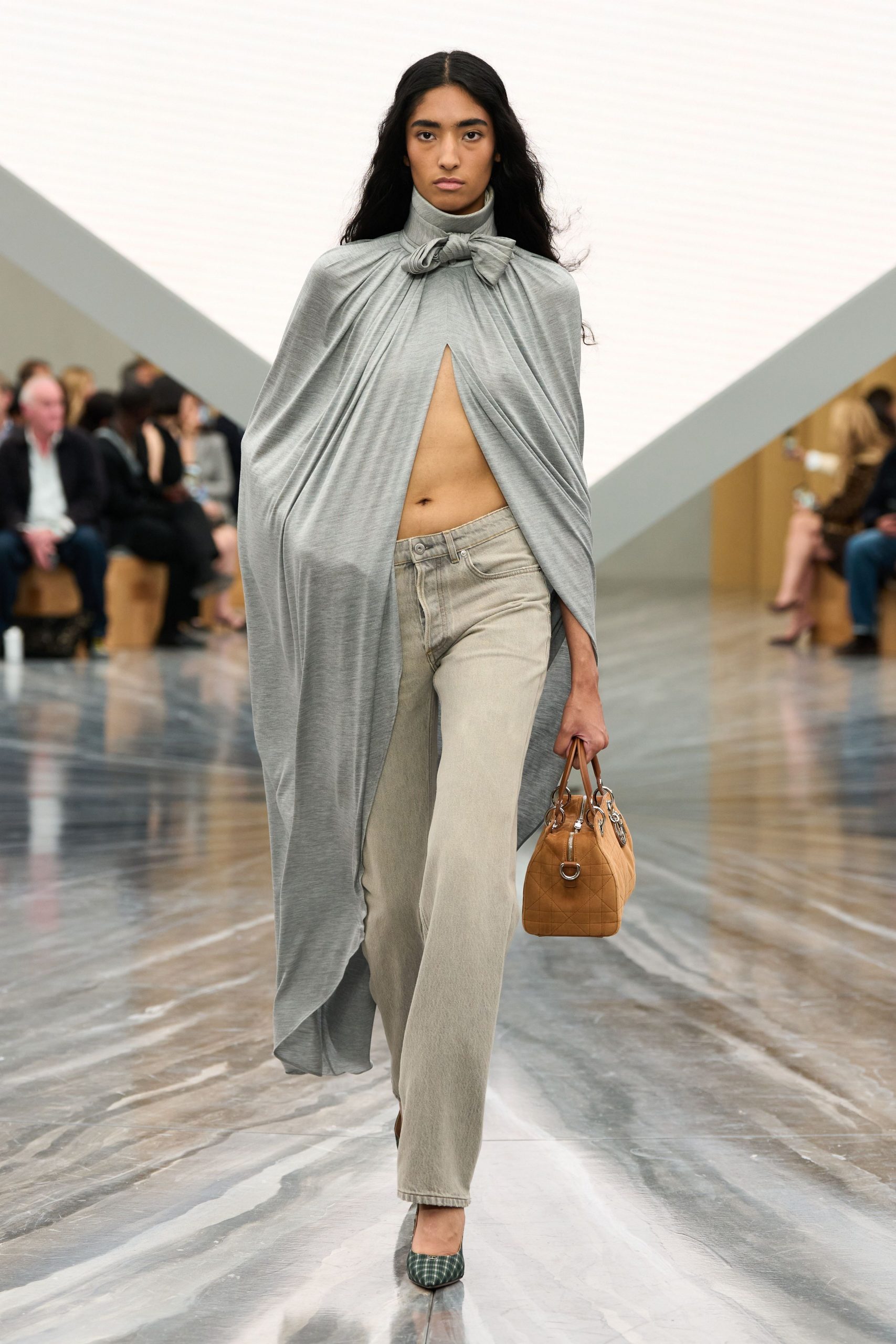 gray silk sleeveless relaxed draped flowing cape