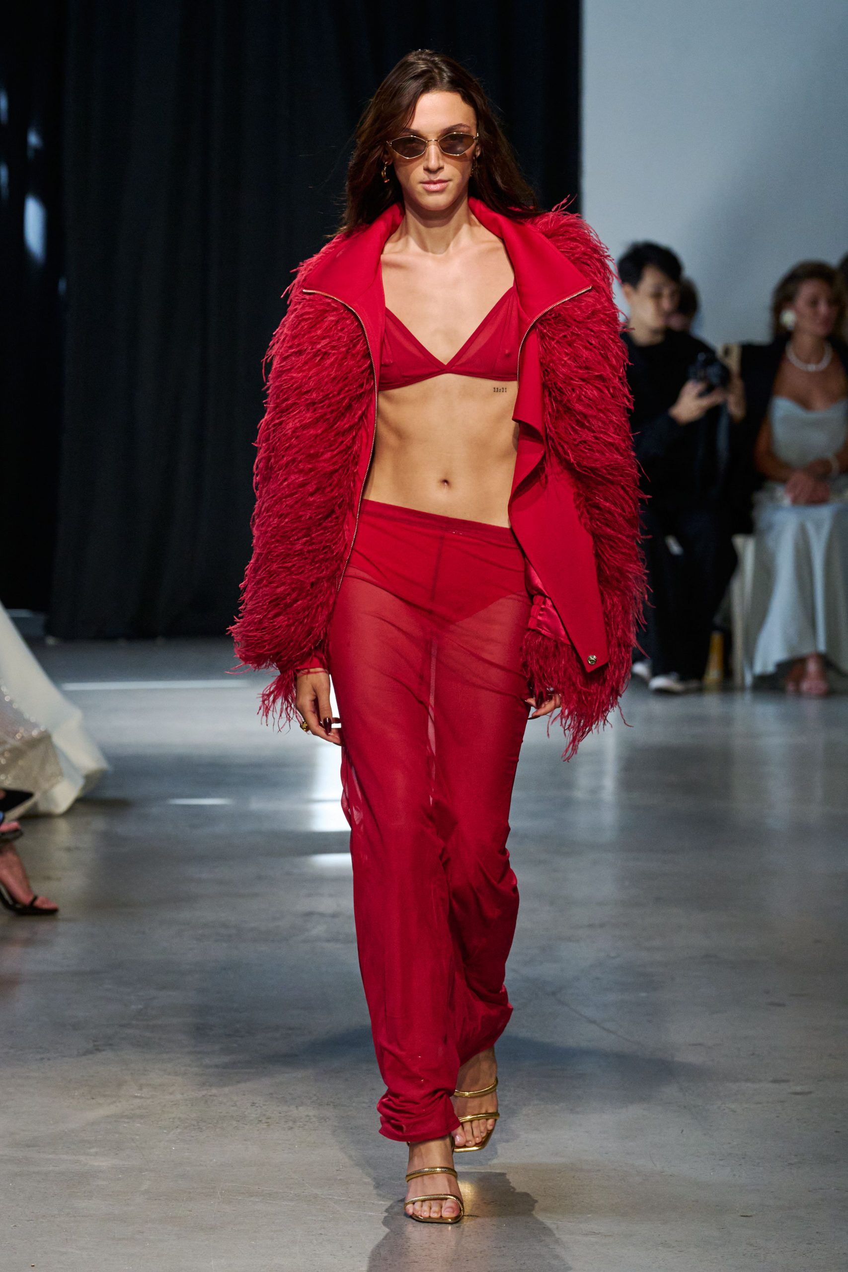 red fitted sheer pants