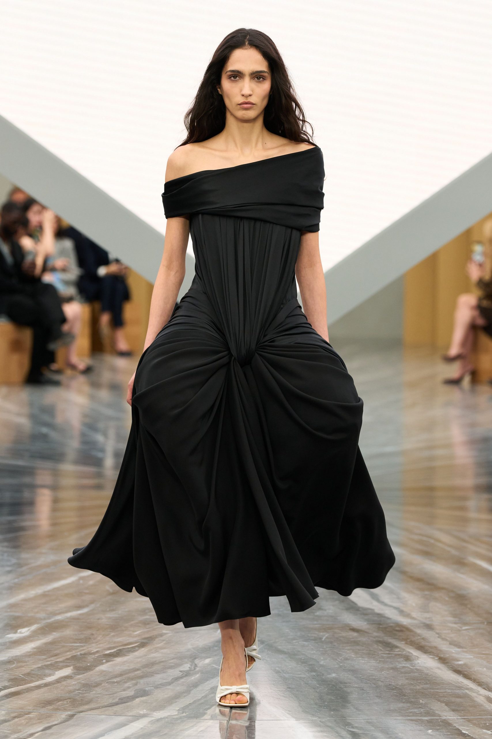 black off-shoulder draped dress