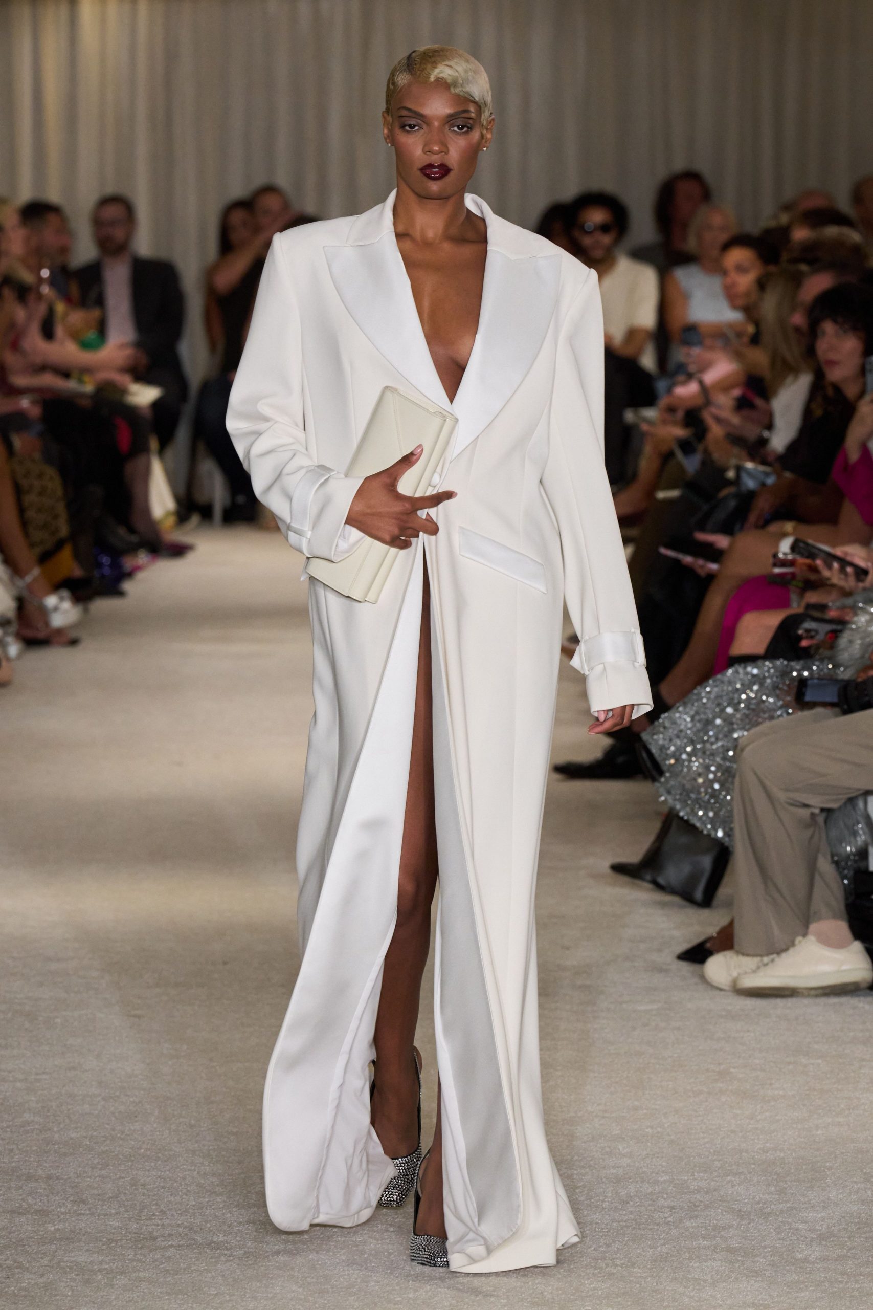 white silk long-sleeve v-neck fitted buttoned maxi coat