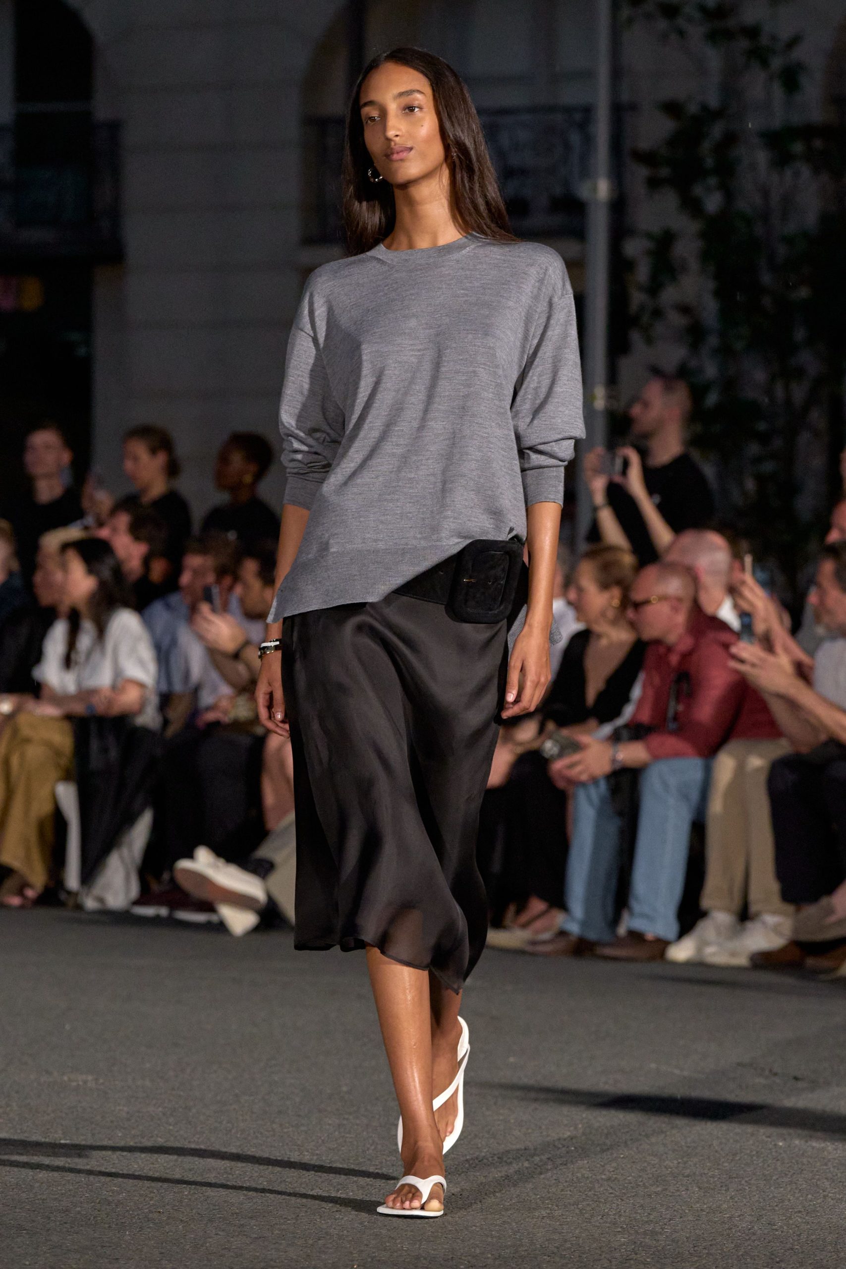 black silk asymmetric fitted pleated flowing midi skirt