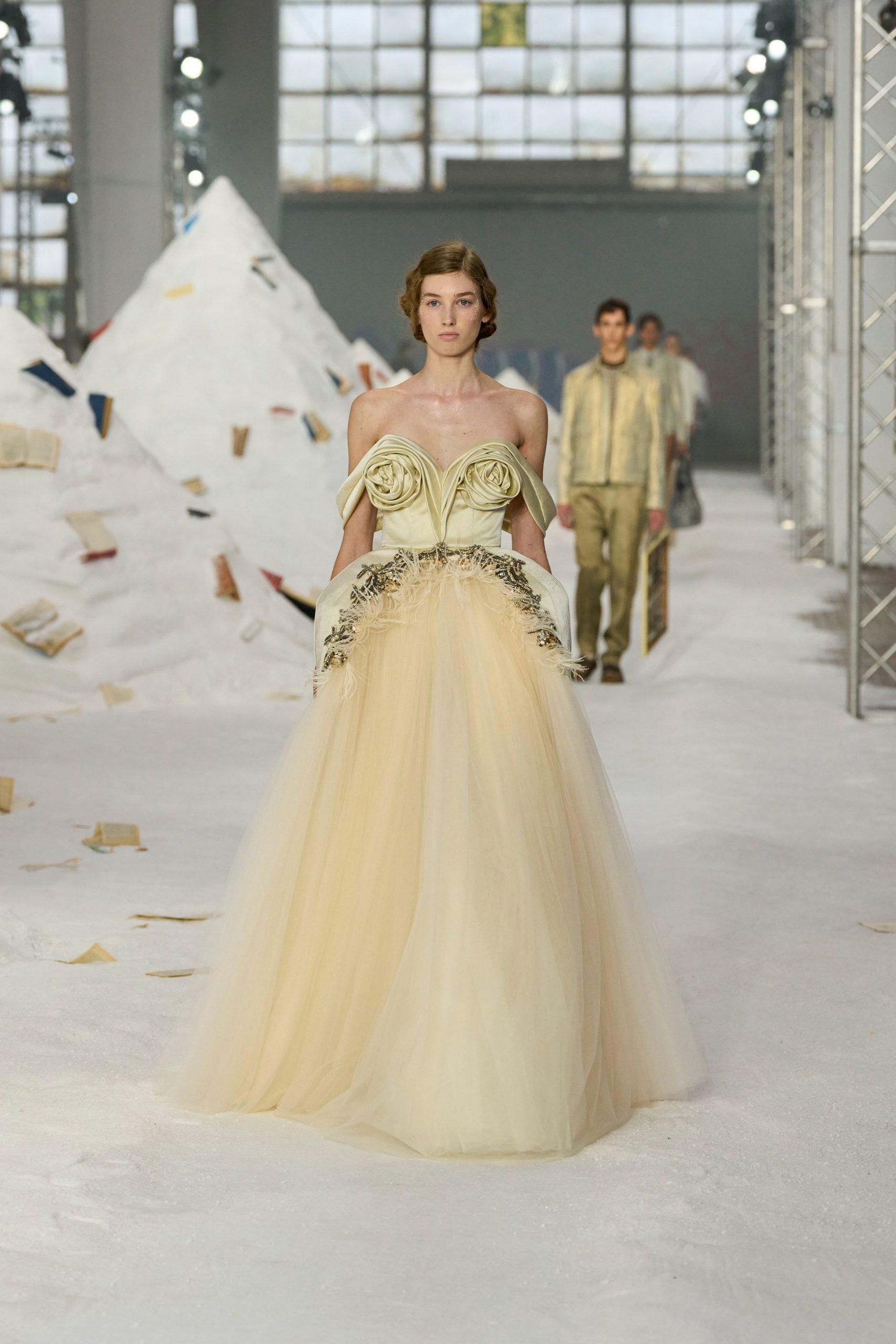 yellow strapless flowing gown