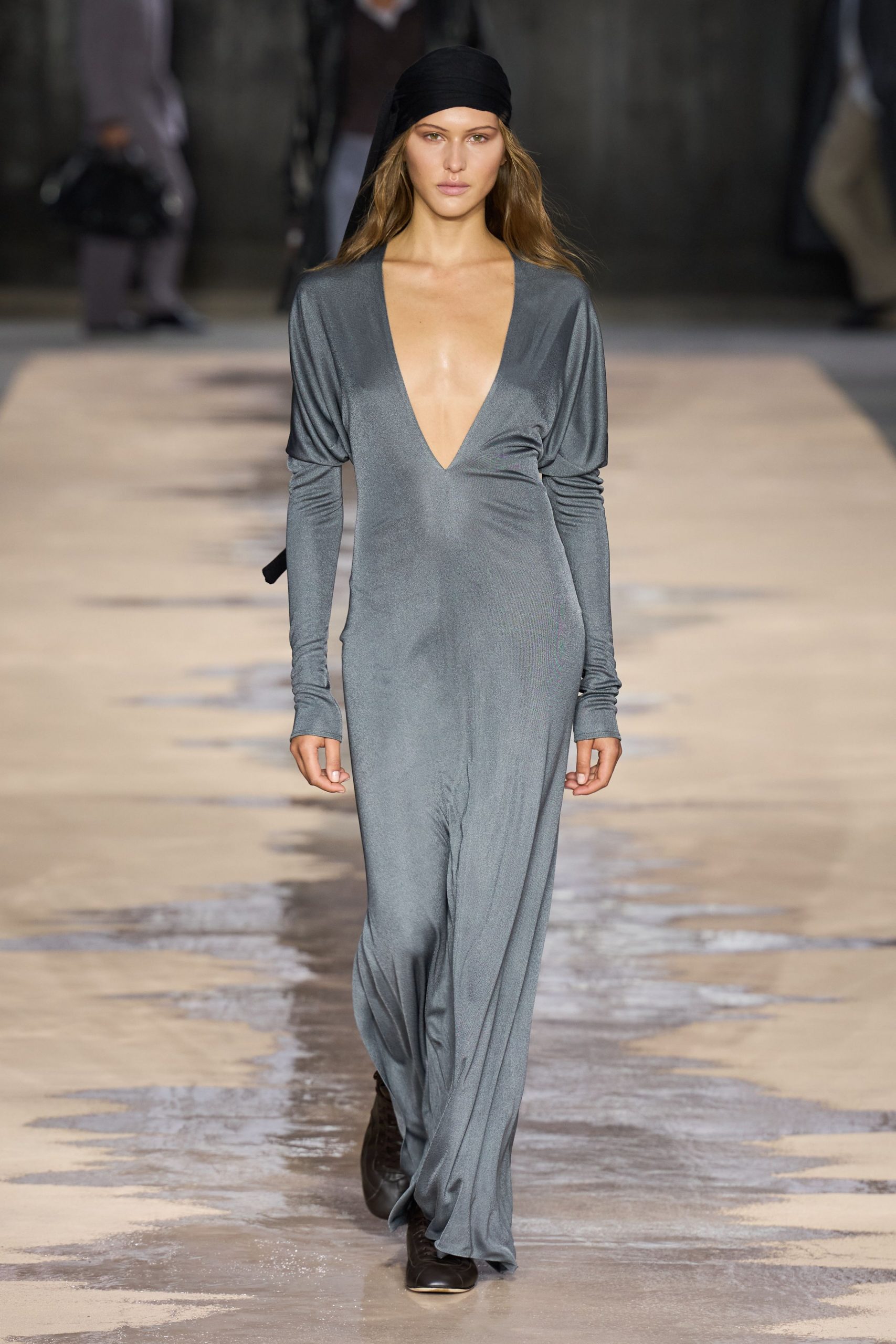 gray silk fitted gown
