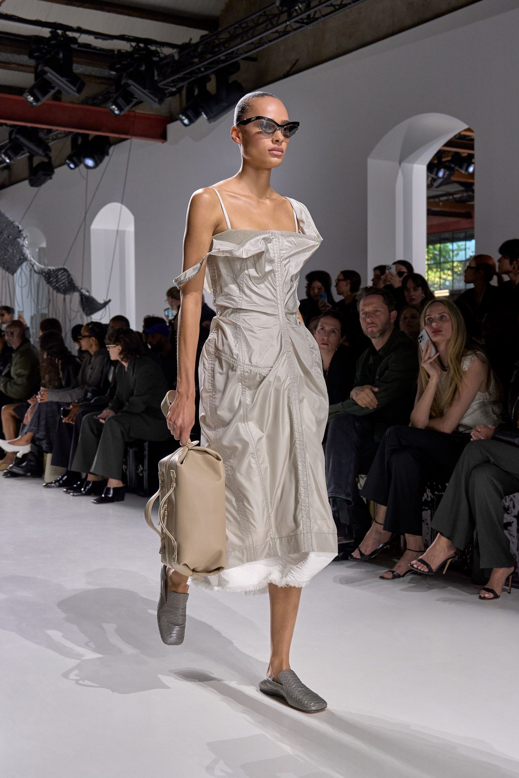 gray silk sleeveless off-shoulder fitted pleated midi dress