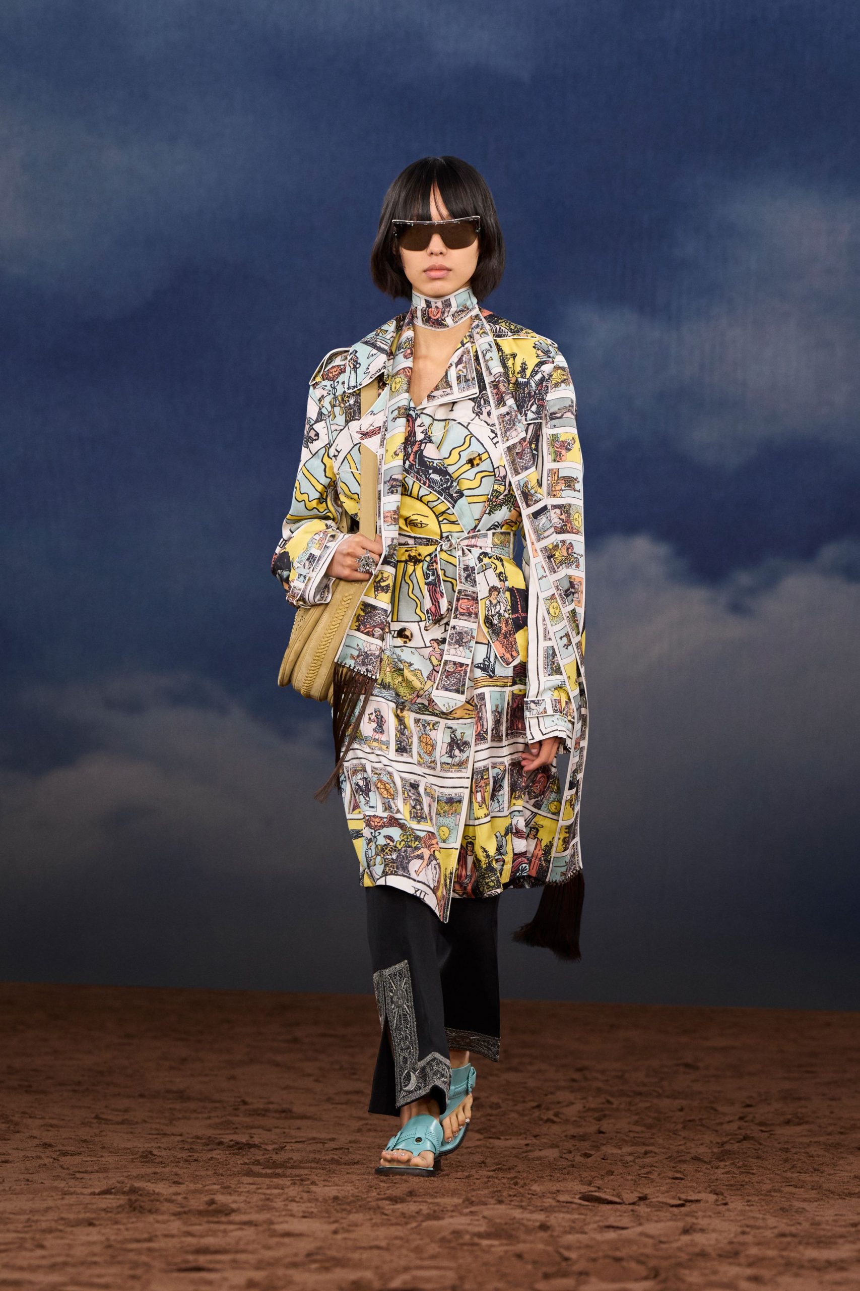 multi silk long-sleeve collared relaxed printed coat