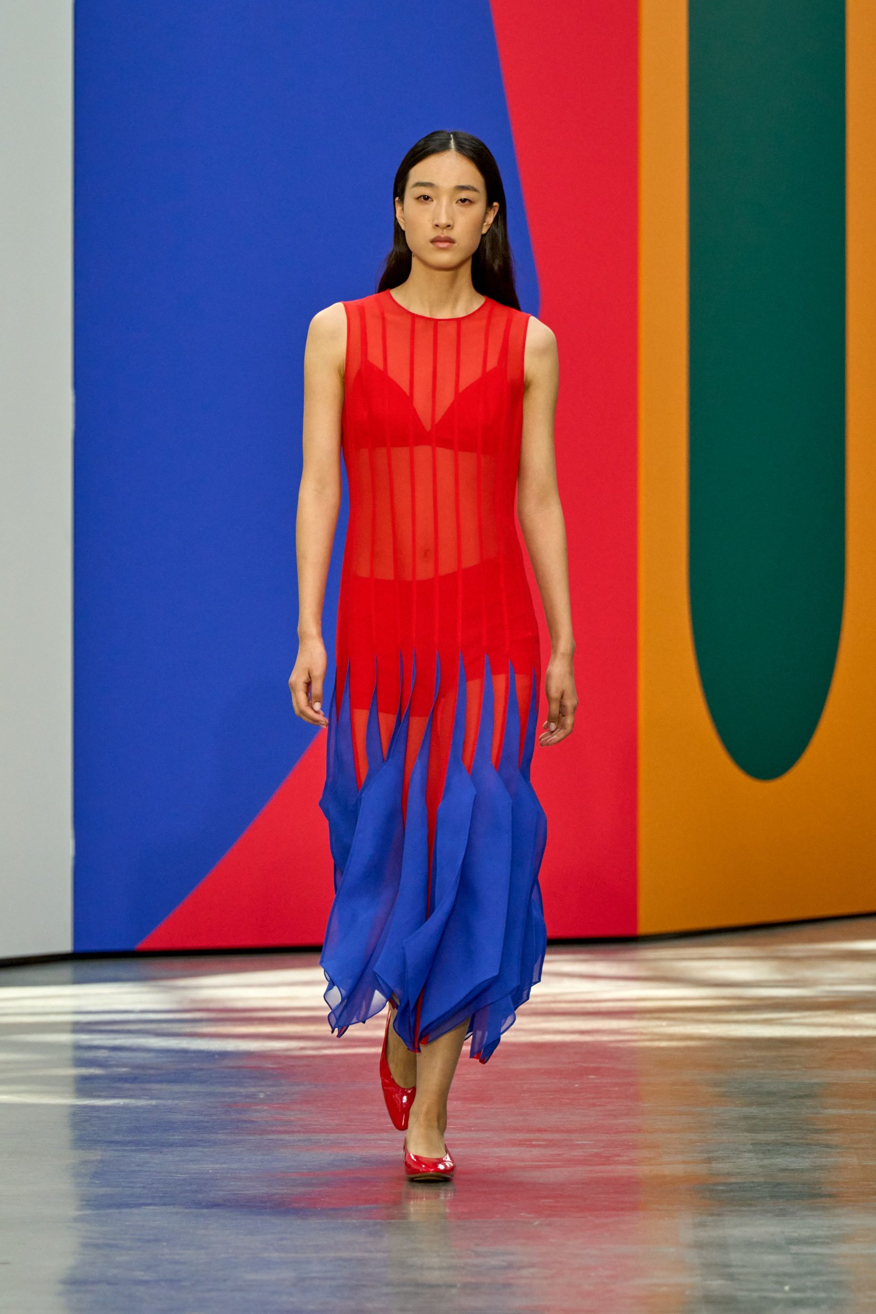 red and blue pleated maxi dress