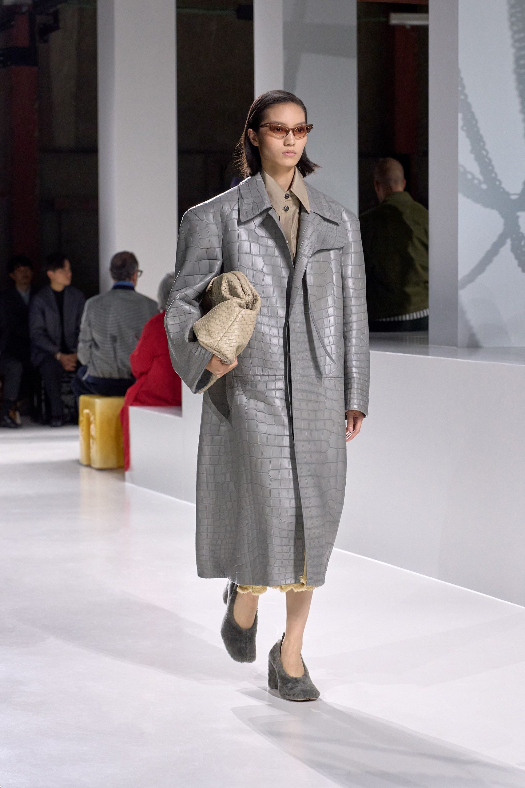 gray vinyl long-sleeve collared oversized textured midi coat