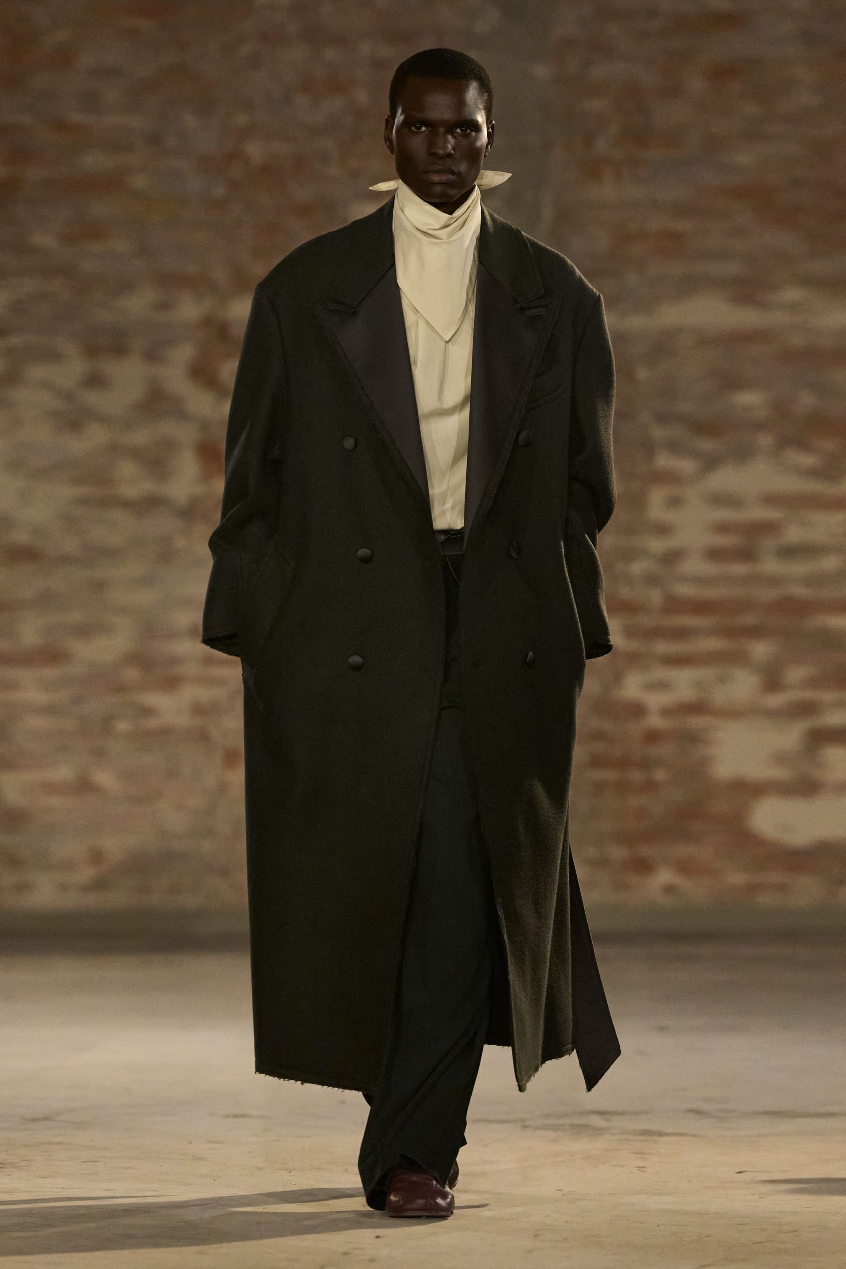 black wool long-sleeve double-breasted oversized draped coat