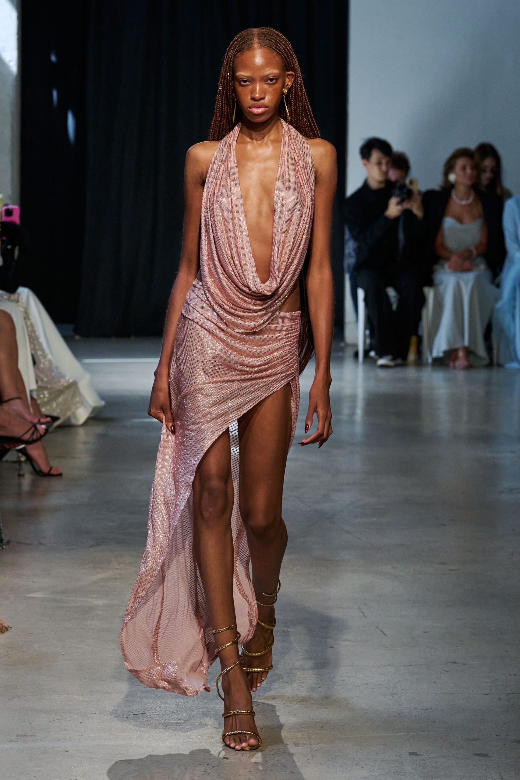 pink silk sleeveless v-neck fitted draped shiny gown