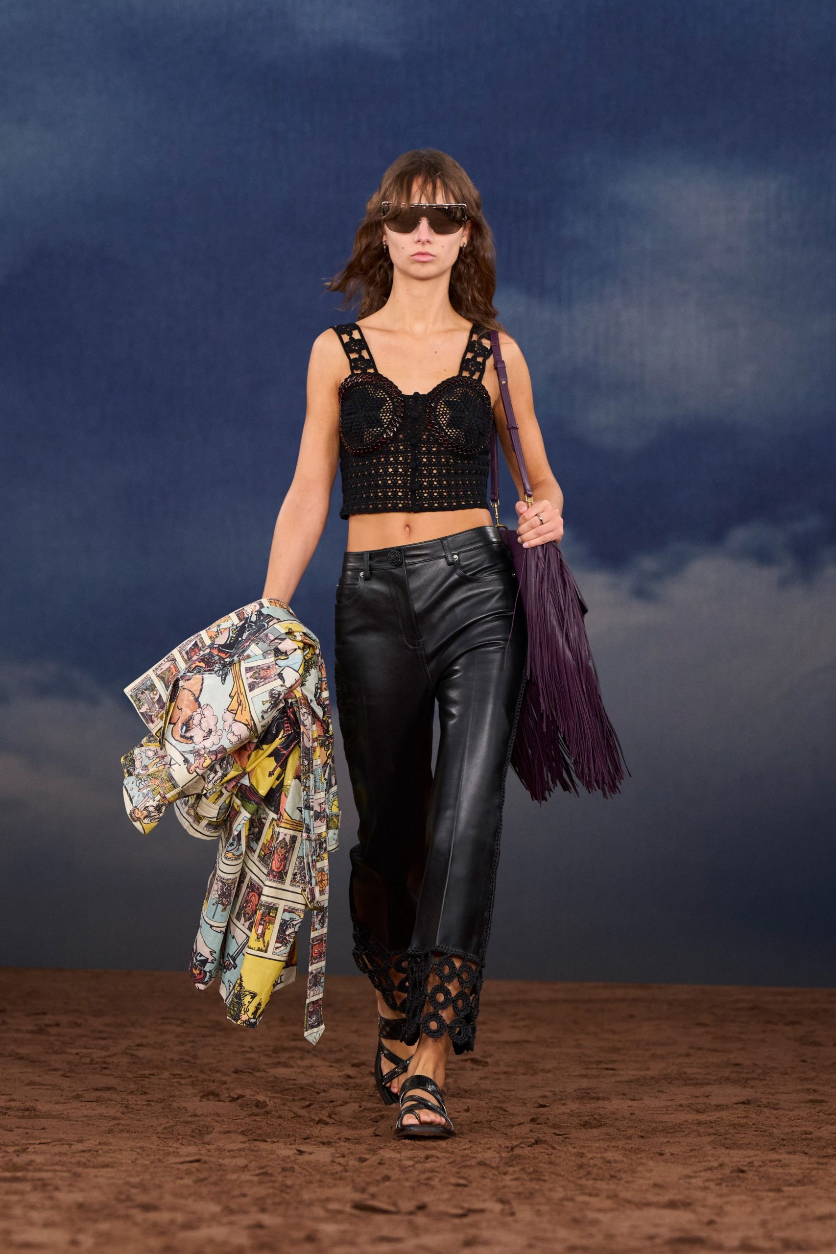 black crochet top with leather pants