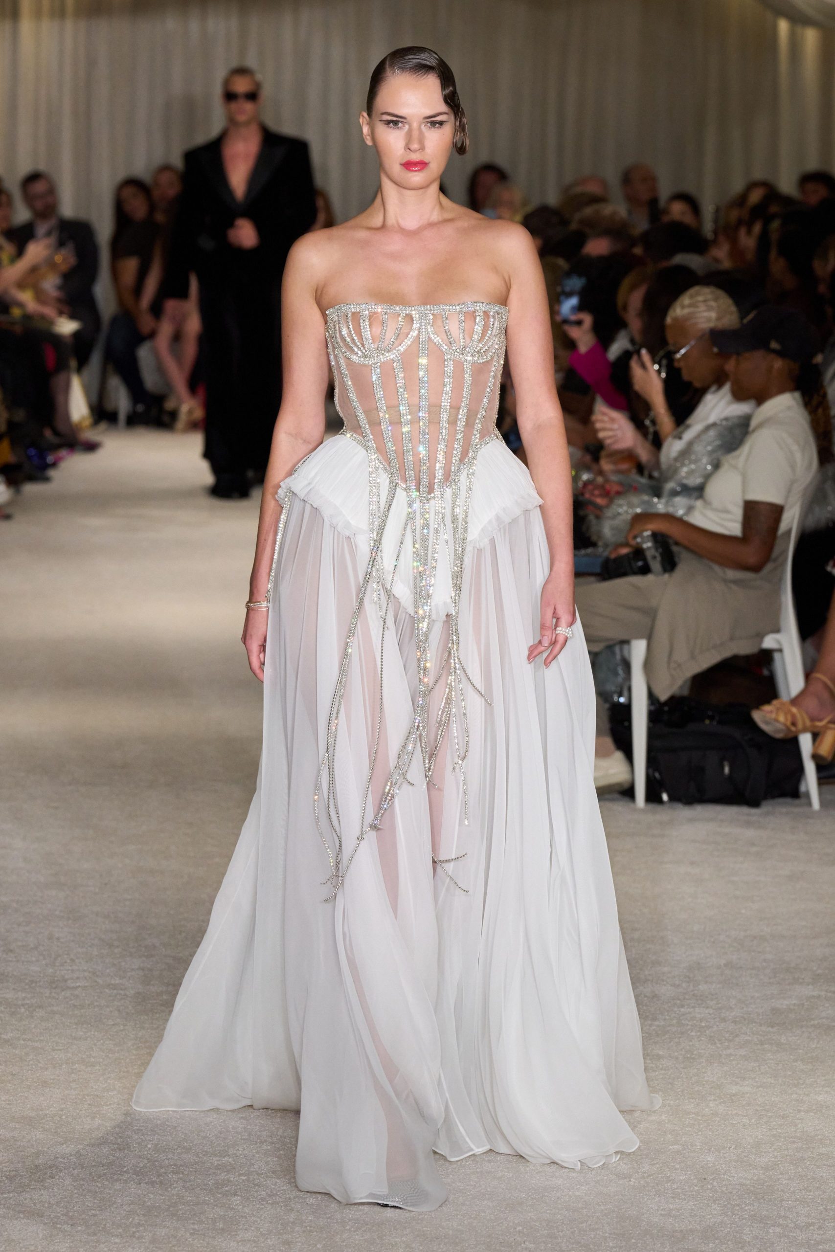 white strapless embellished gown