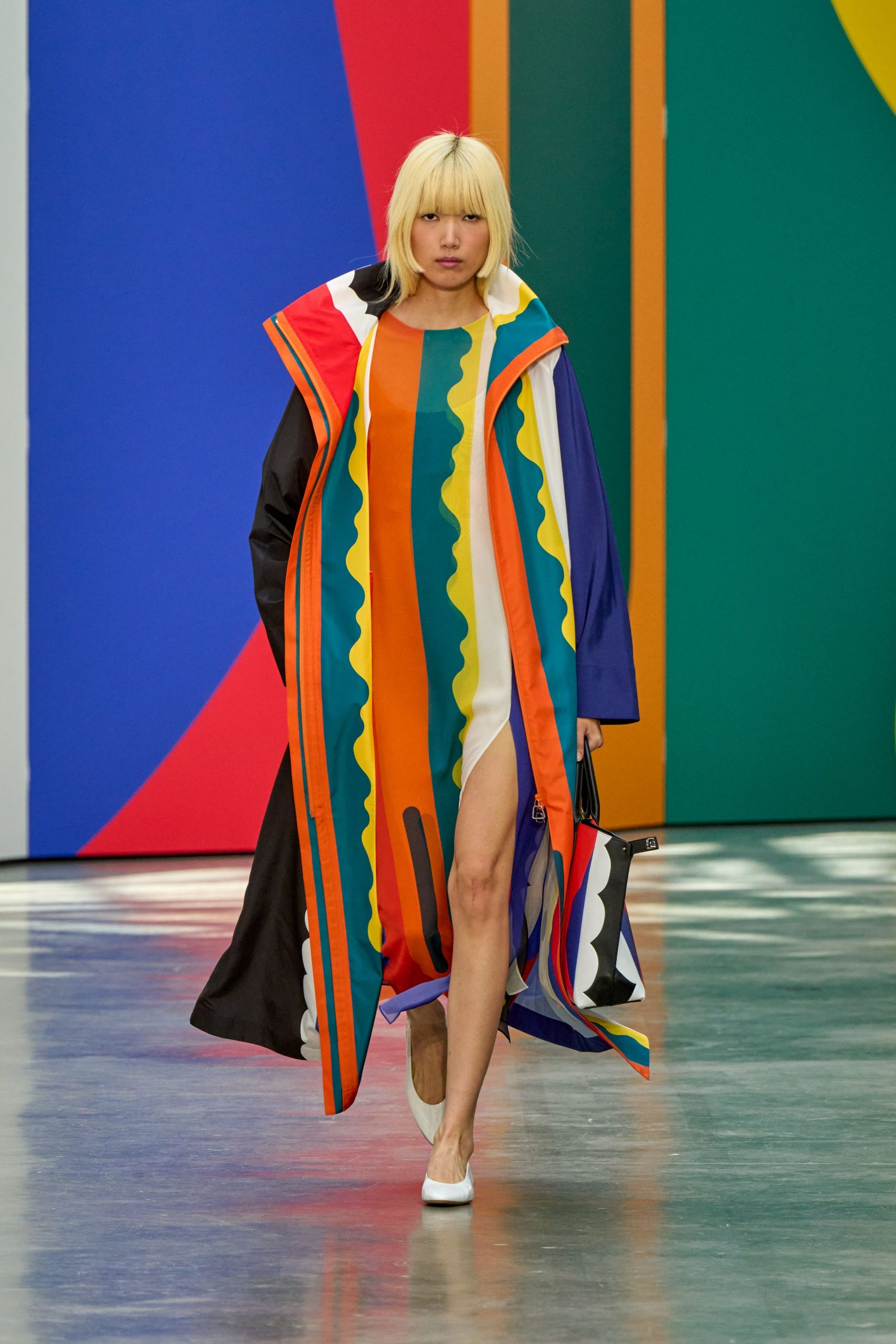 multi-colored silk dress with oversized coat