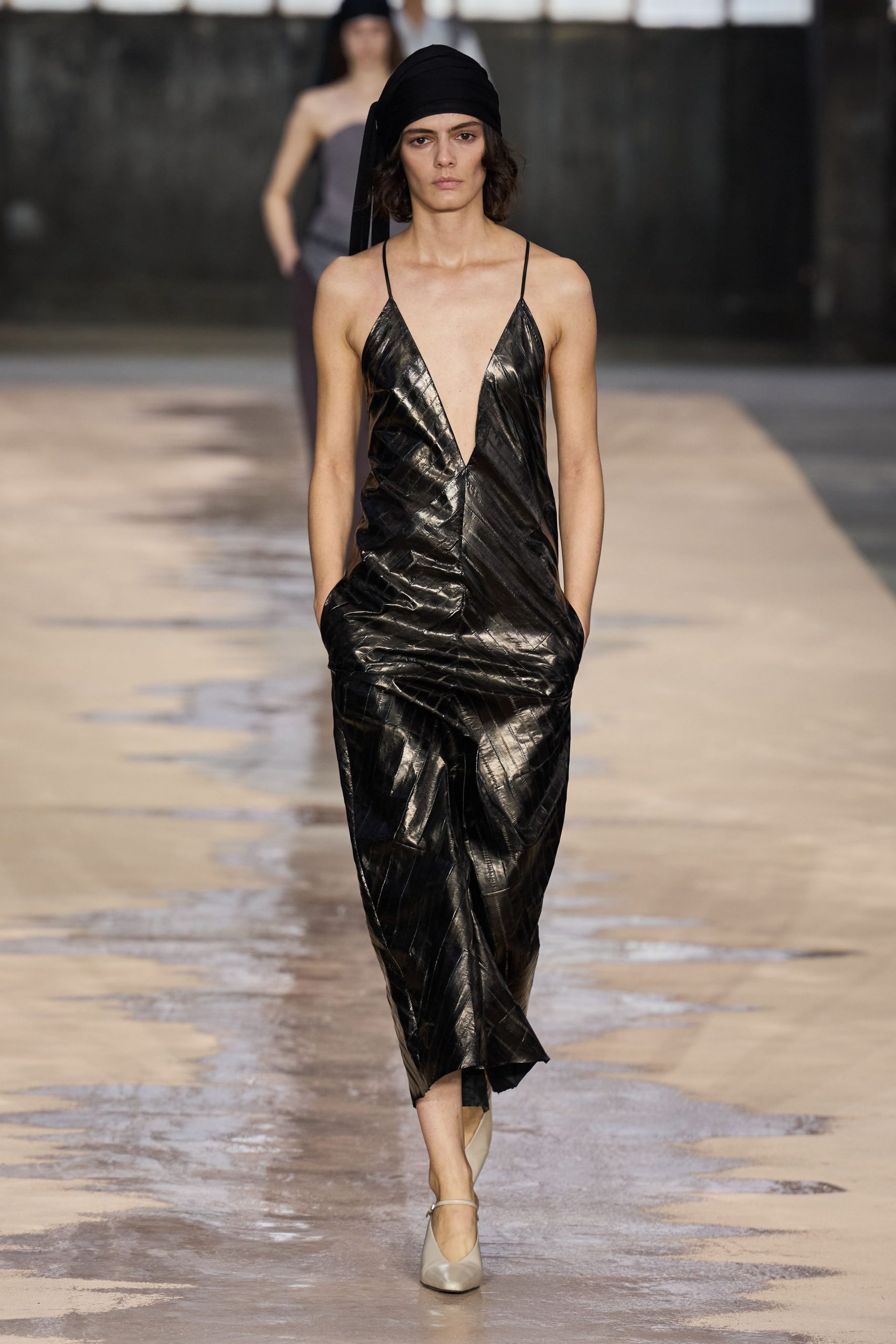 black silk sleeveless v-neck fitted pleated shiny dress