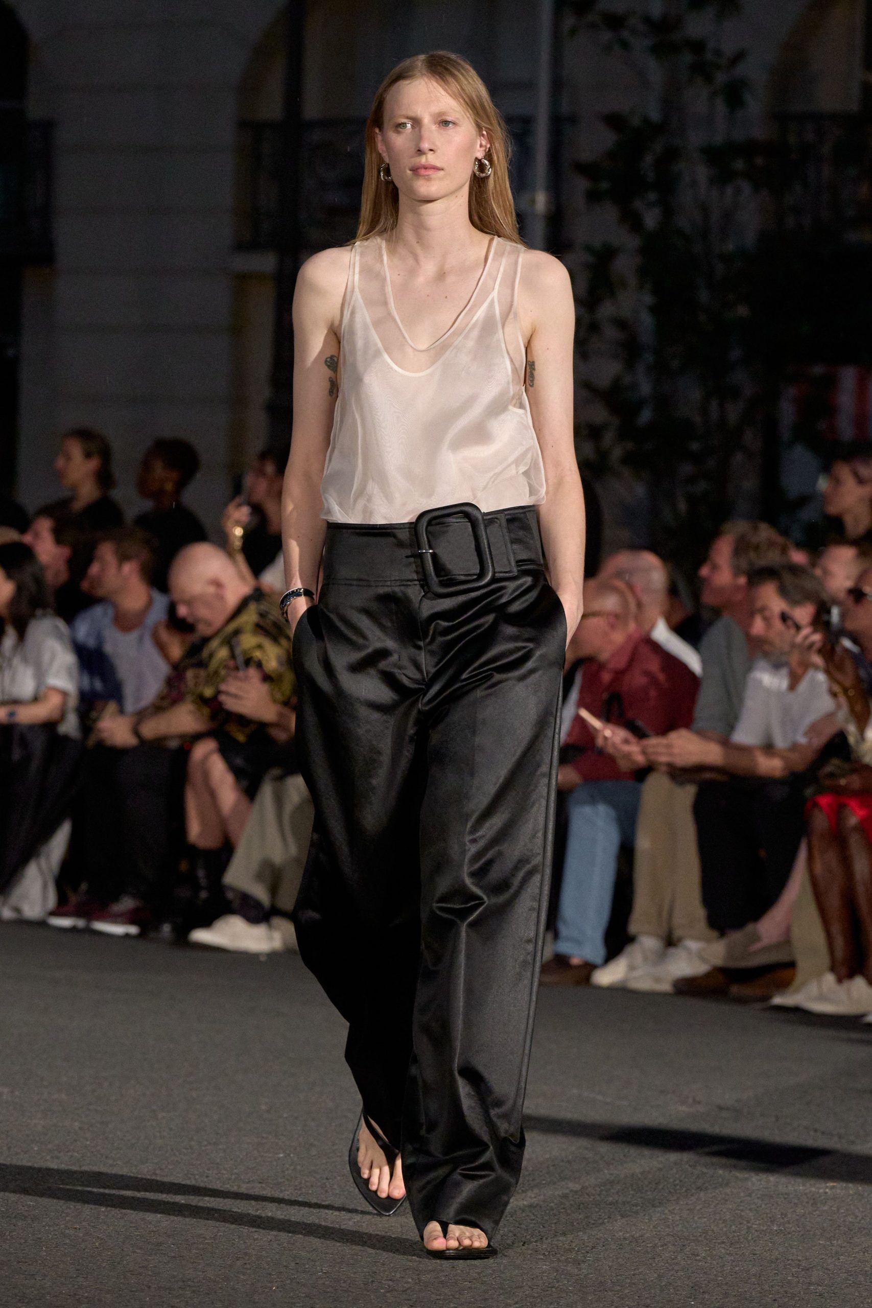 beige silk sleeveless v-neck relaxed sheer top