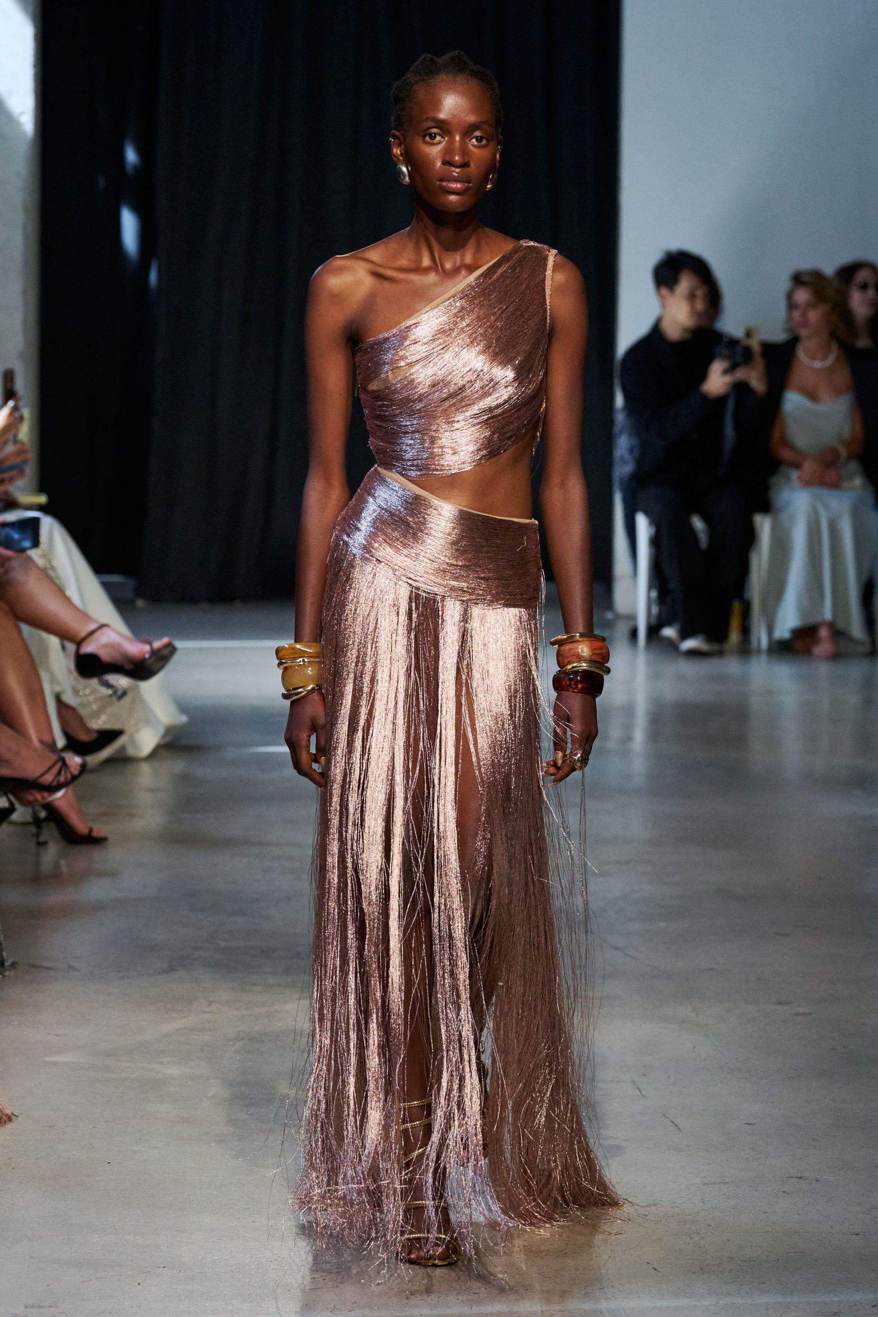 pink silk sleeveless asymmetric fitted ruched fringed gown