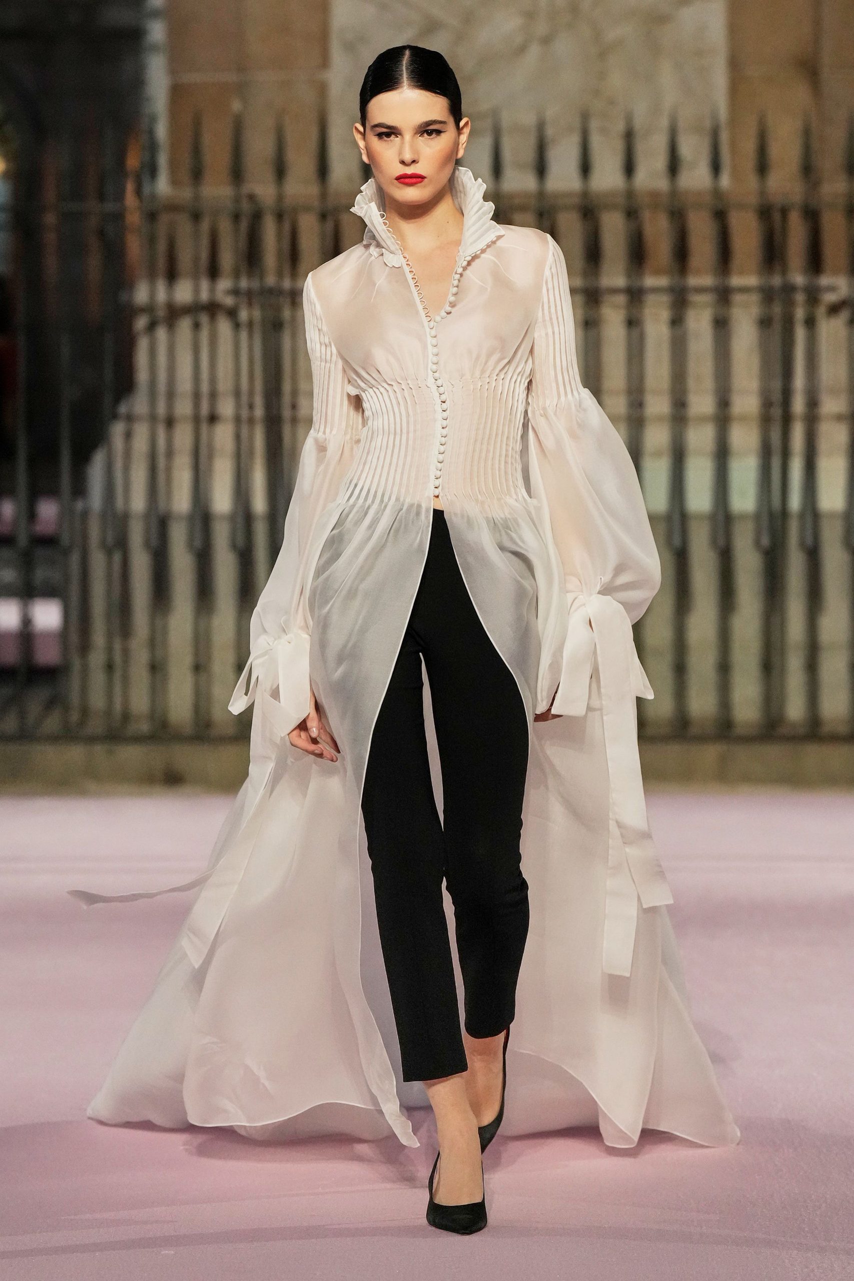 white silk long-sleeve collared fitted pleated buttoned top