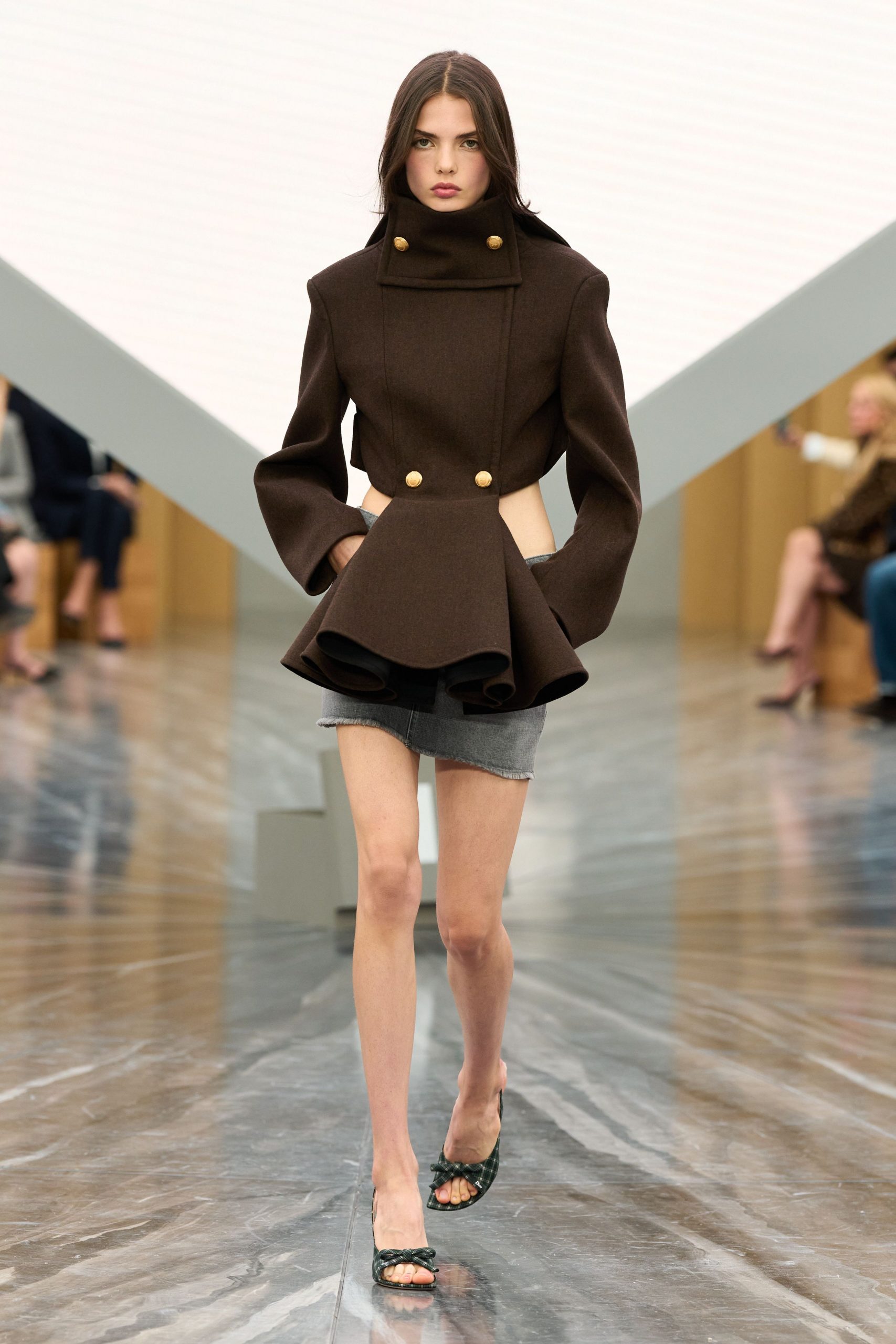 brown wool long-sleeve collared structured pleated jacket