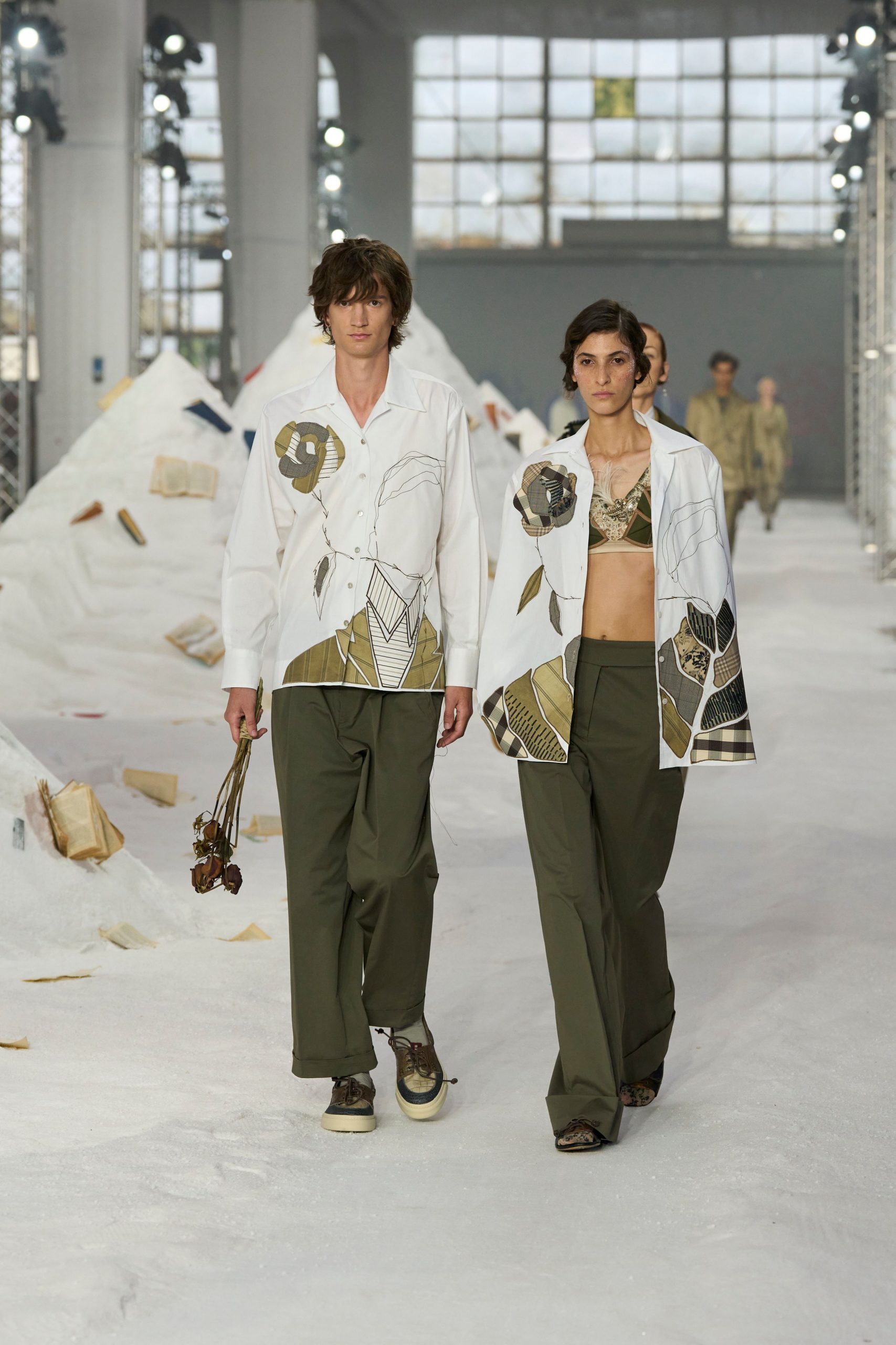 white printed shirt with green pants