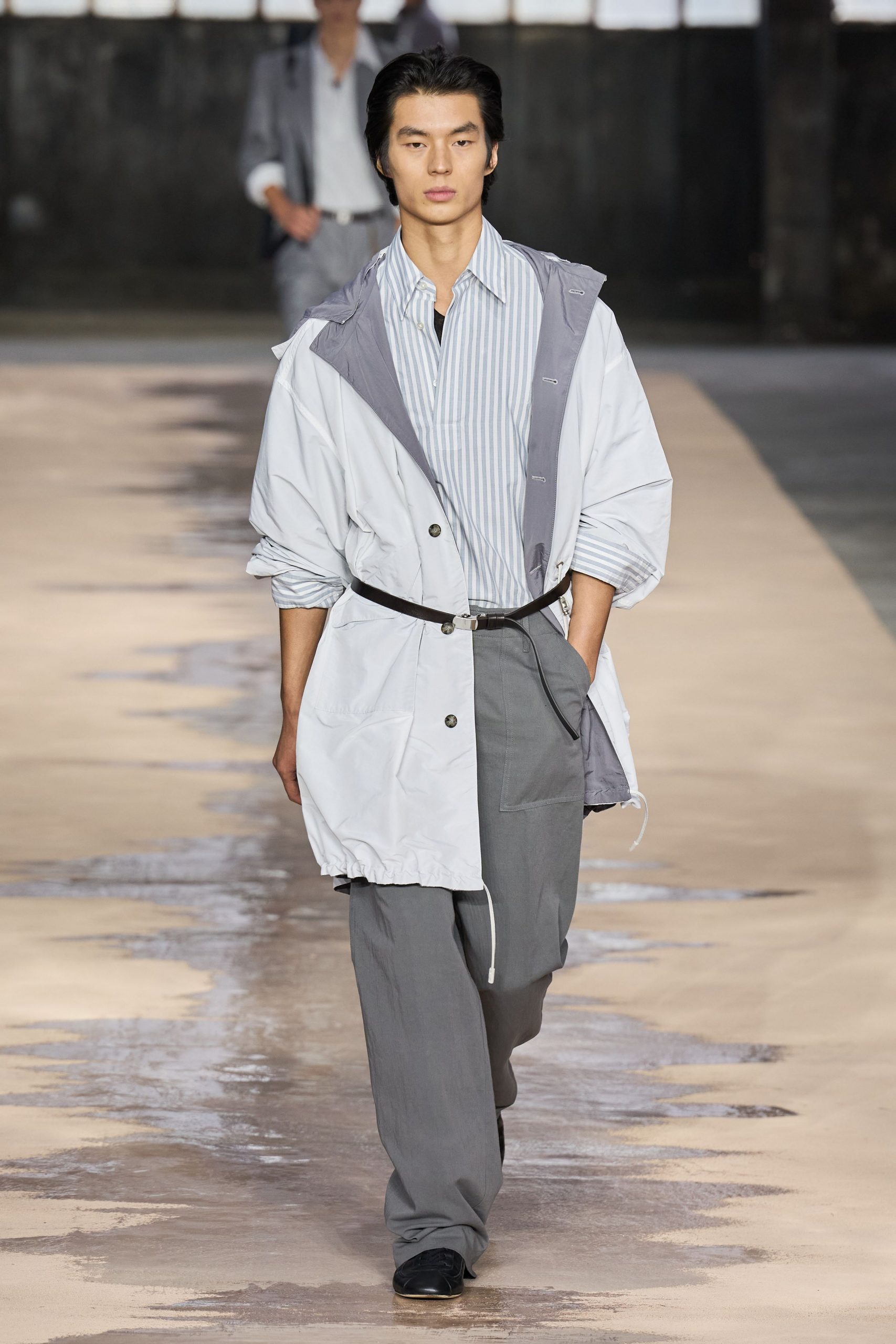 relaxed white jacket with fitted shirt