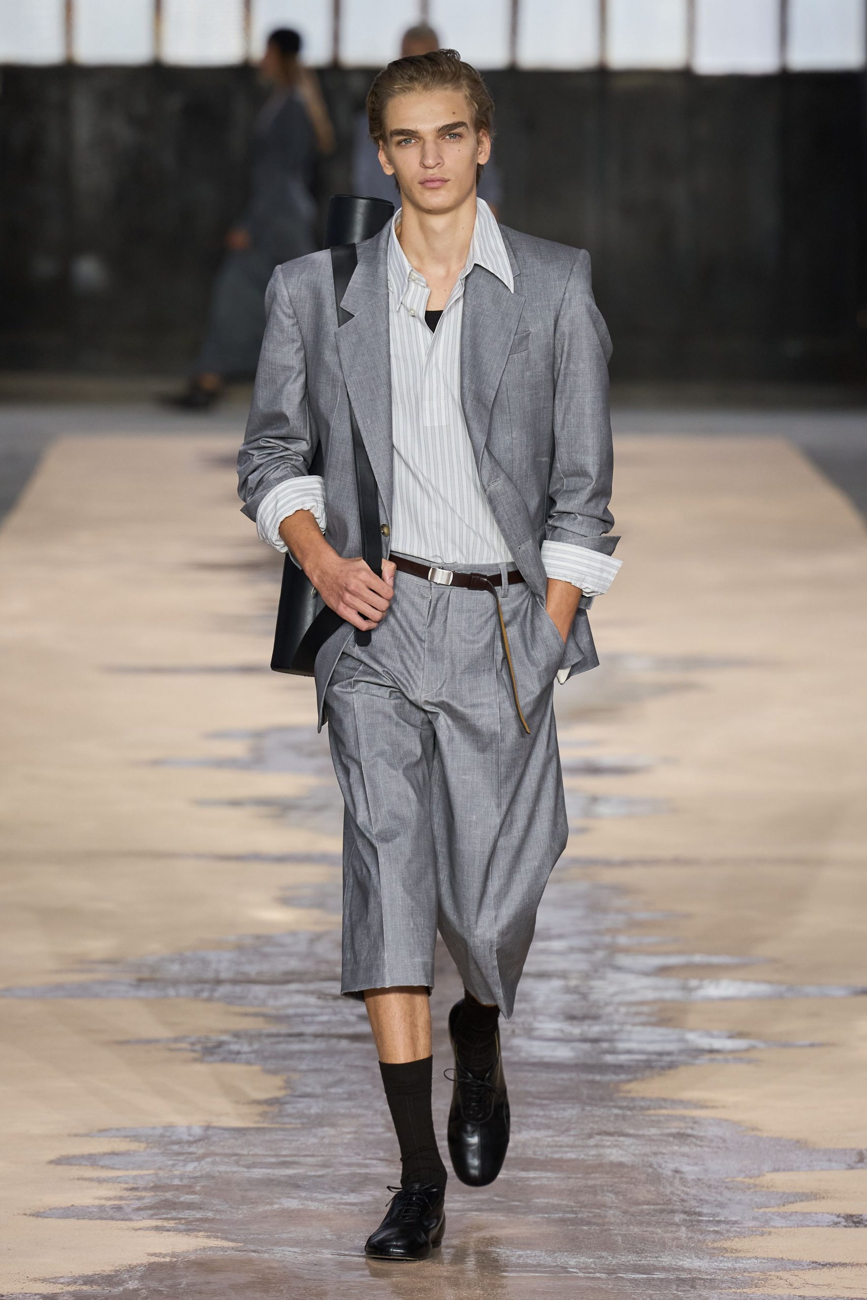 gray tailored suit with shorts