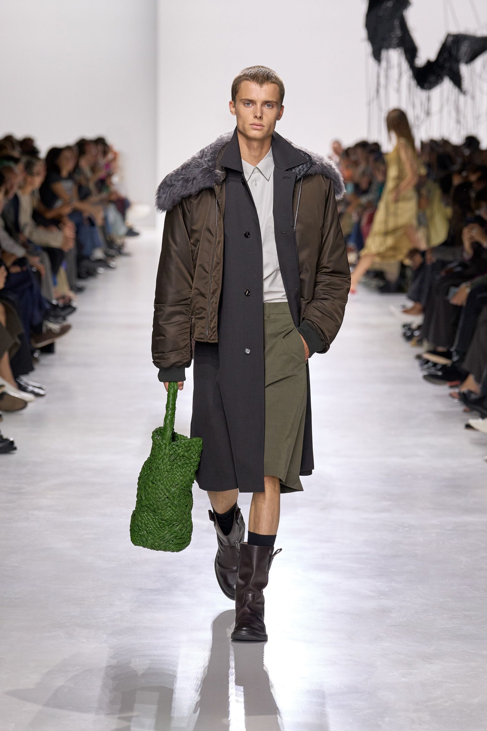 brown leather jacket gray shirt green skirt