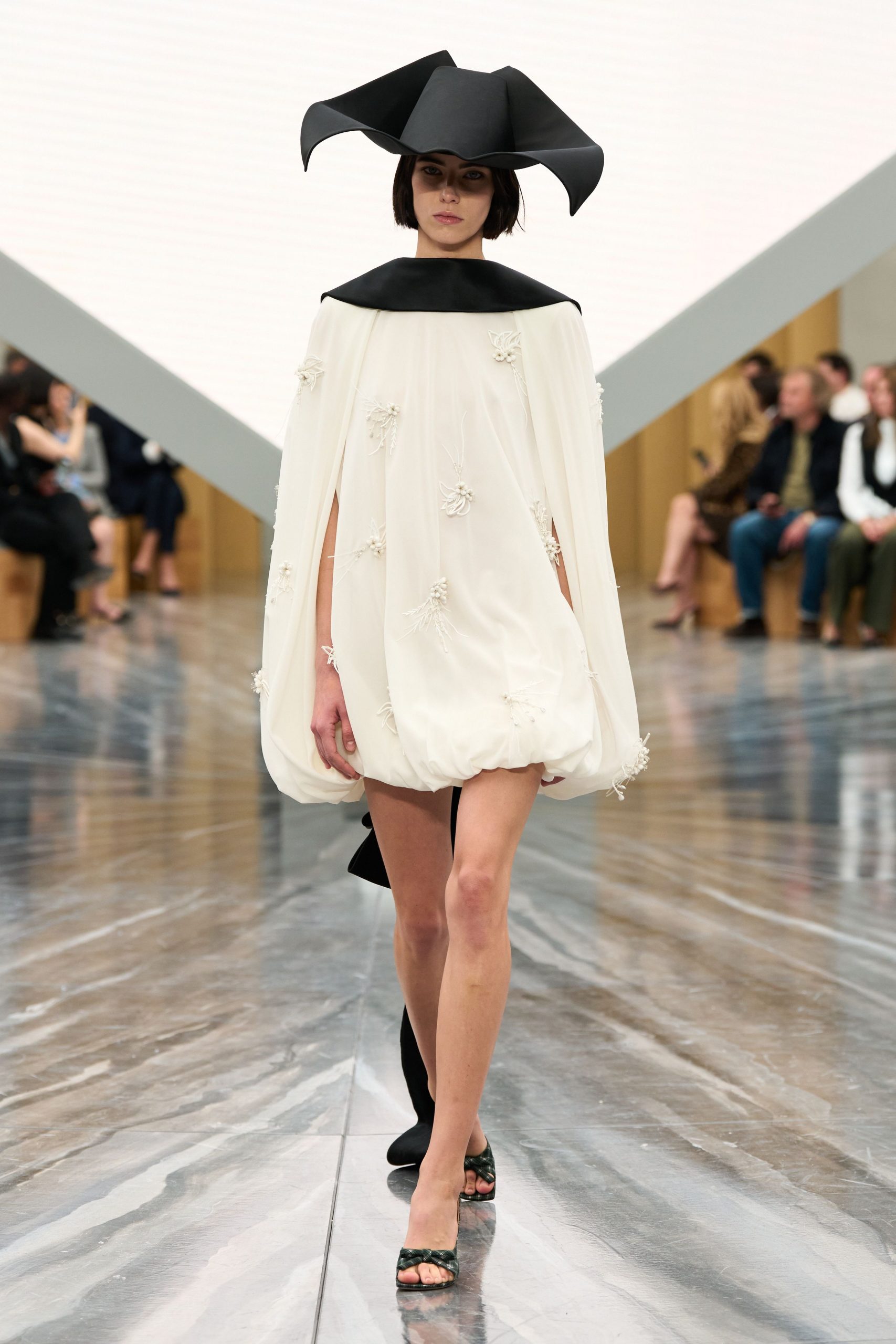 white silk sleeveless high-neck fitted pleated embellished dress