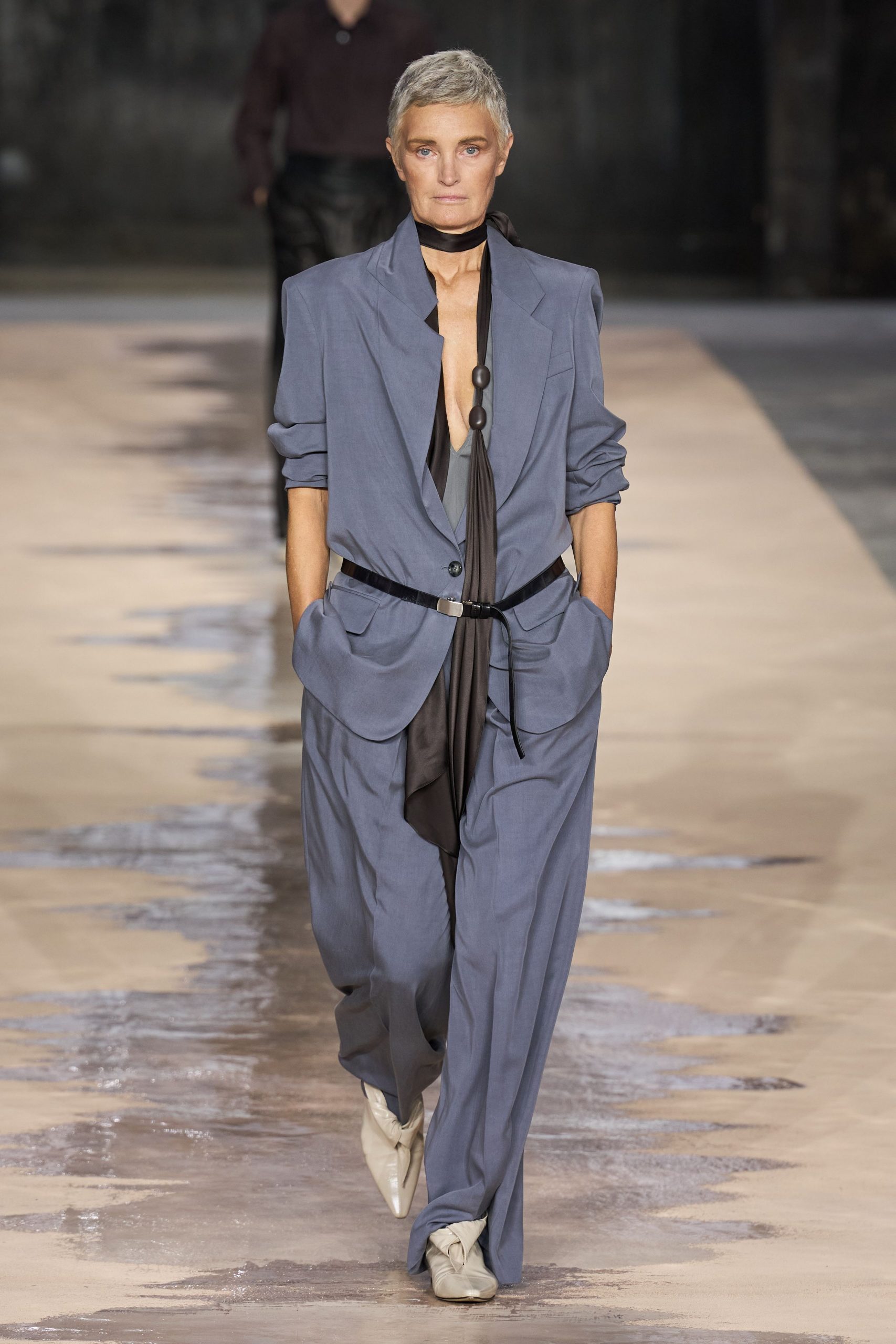 blue relaxed suit with brown top