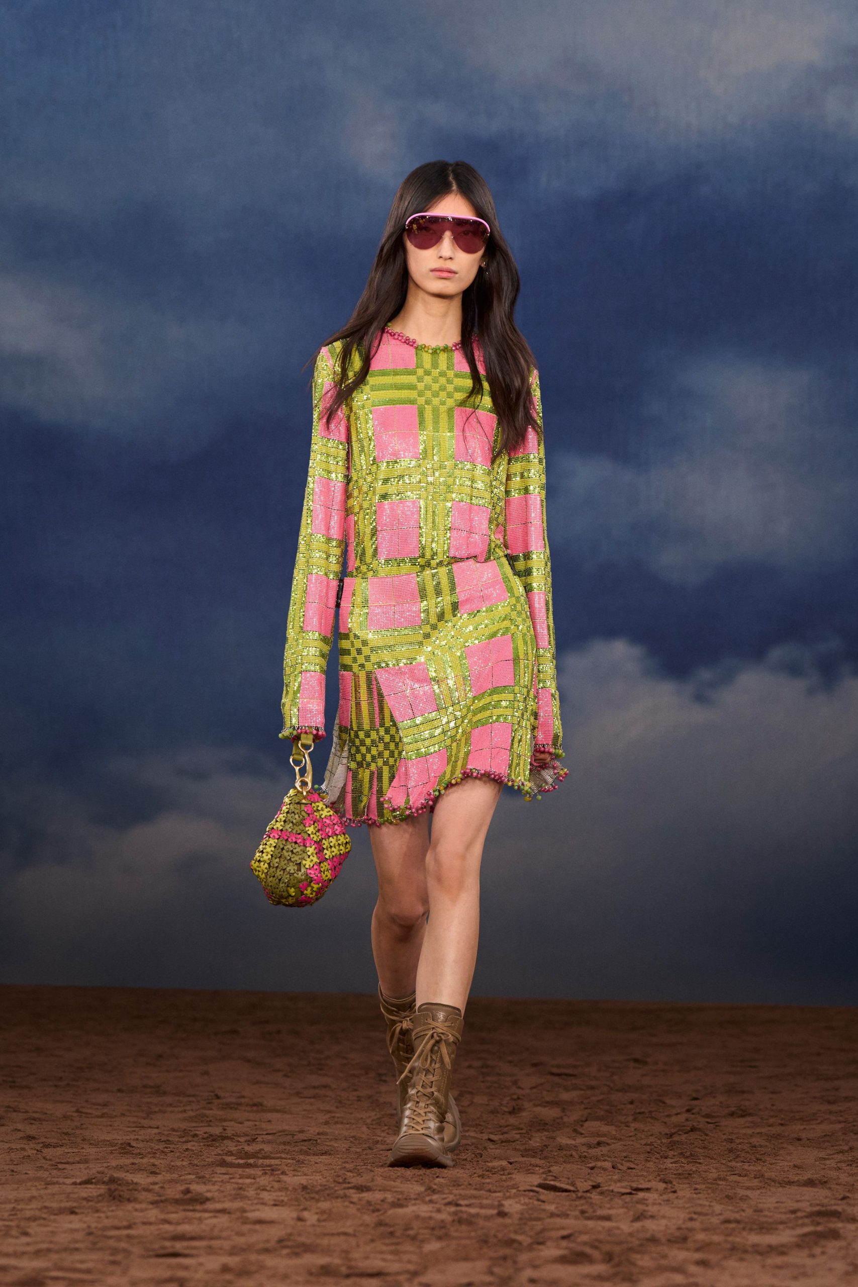 pink sequin long-sleeve collared fitted checked fringed dress