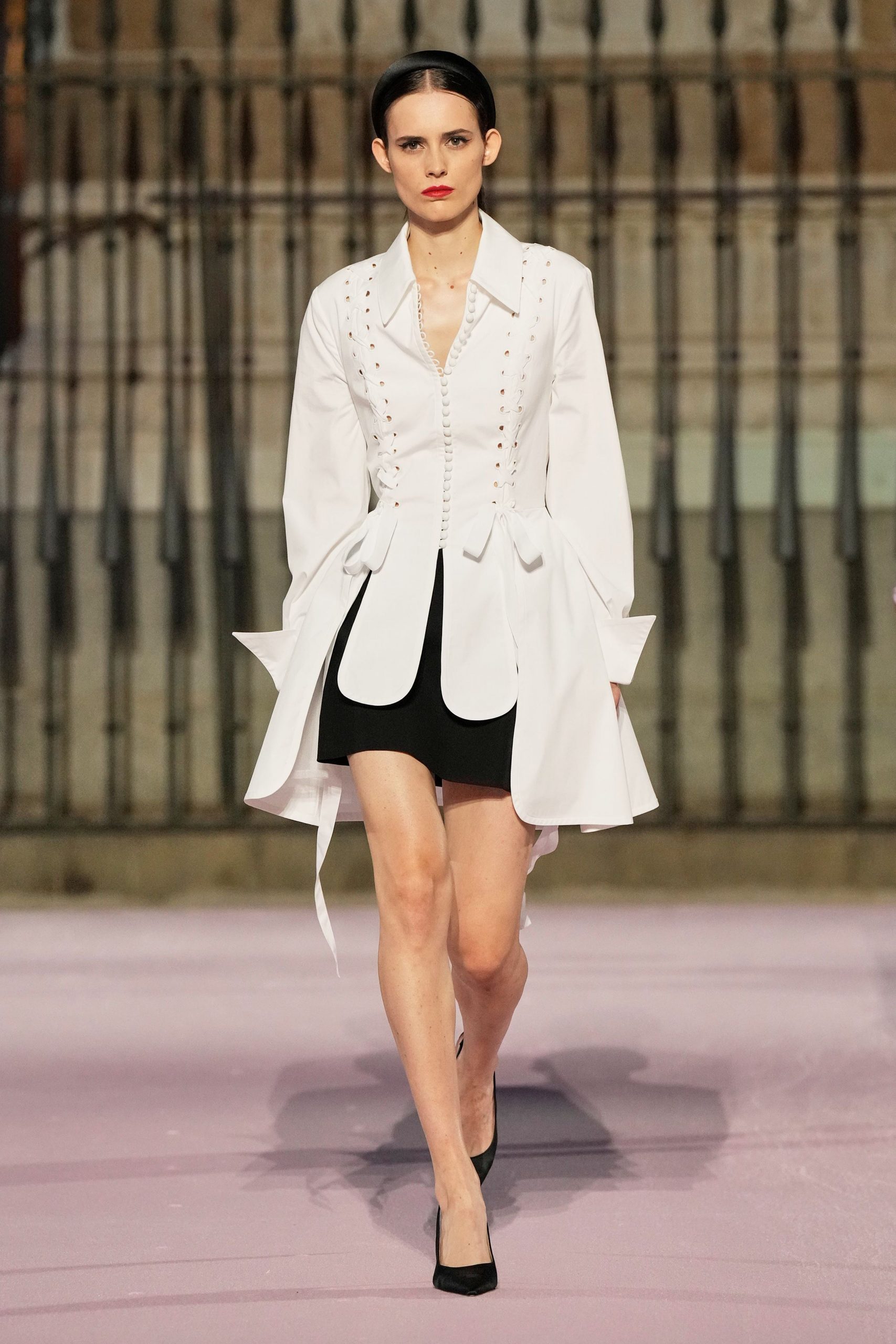 white cotton long-sleeve collared fitted buttoned pleated shirt-dress