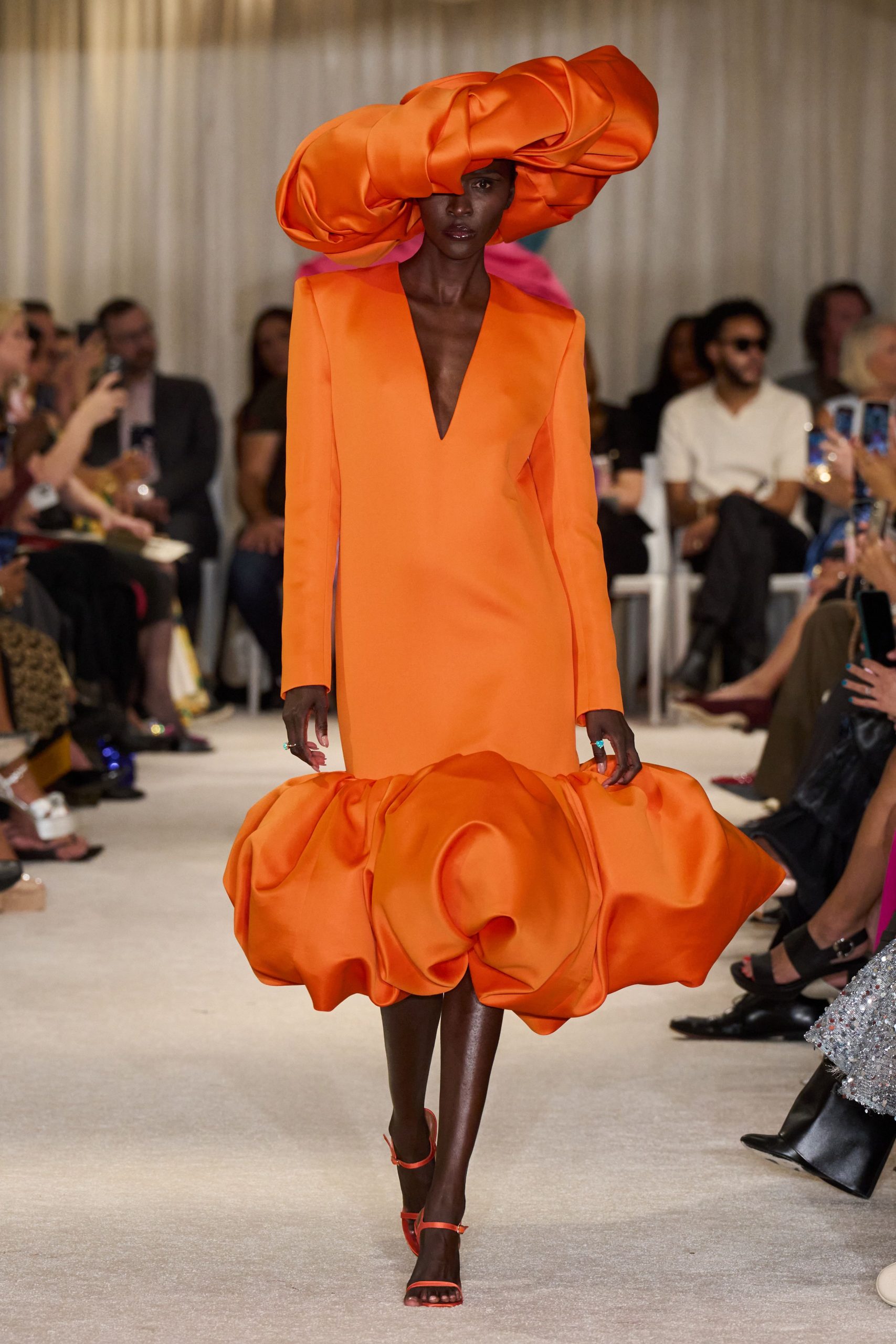 orange silk long-sleeve v-neck fitted pleated tiered dress
