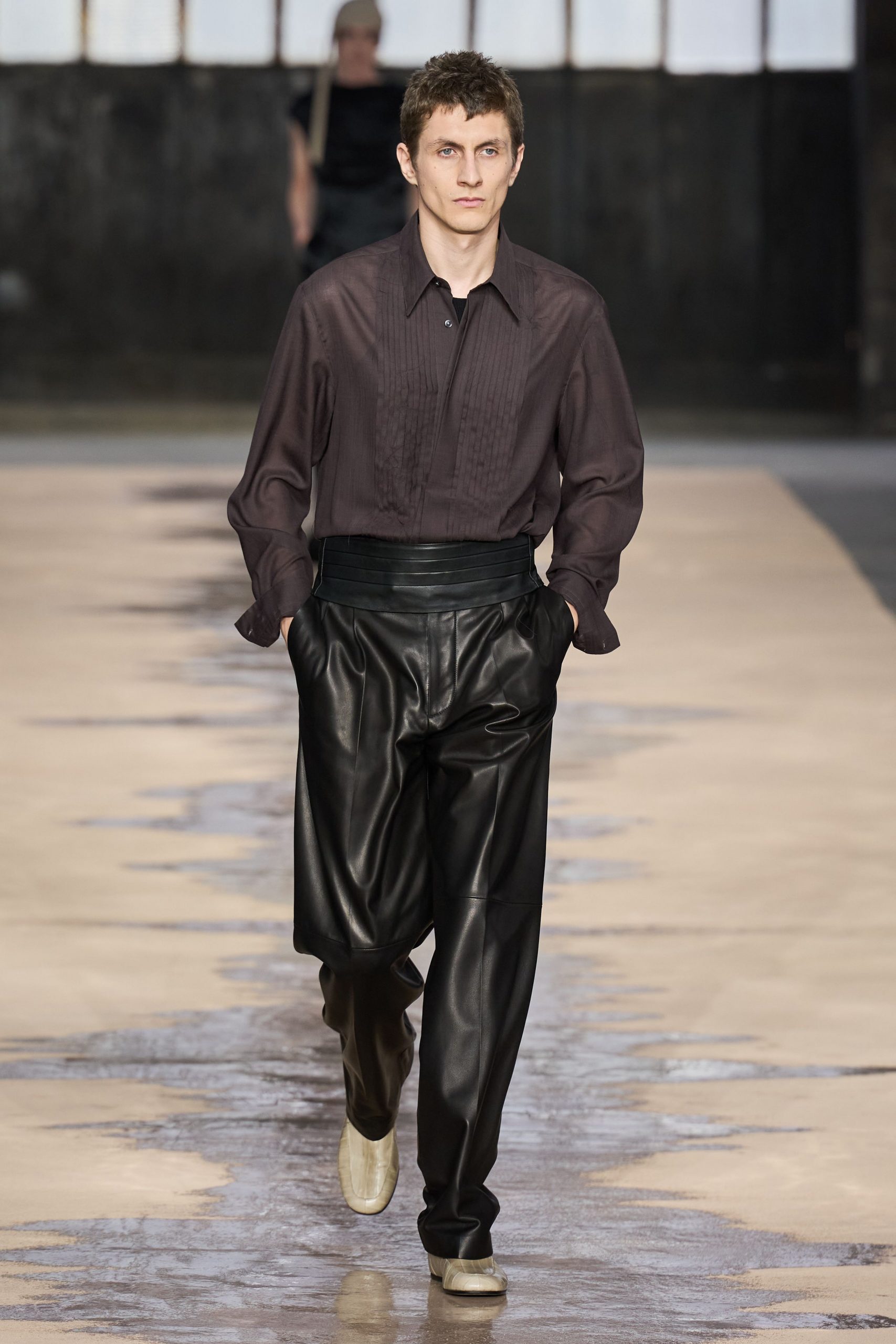 black relaxed shirt with leather pants