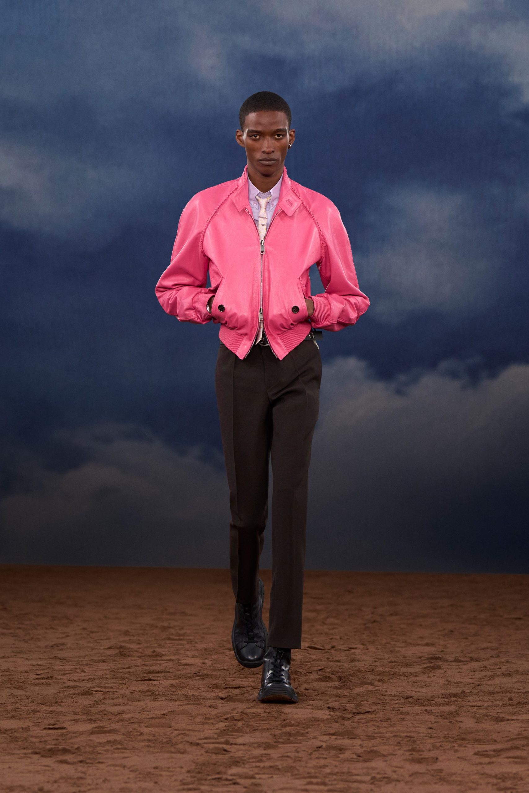 pink leather fitted jacket with white shirt