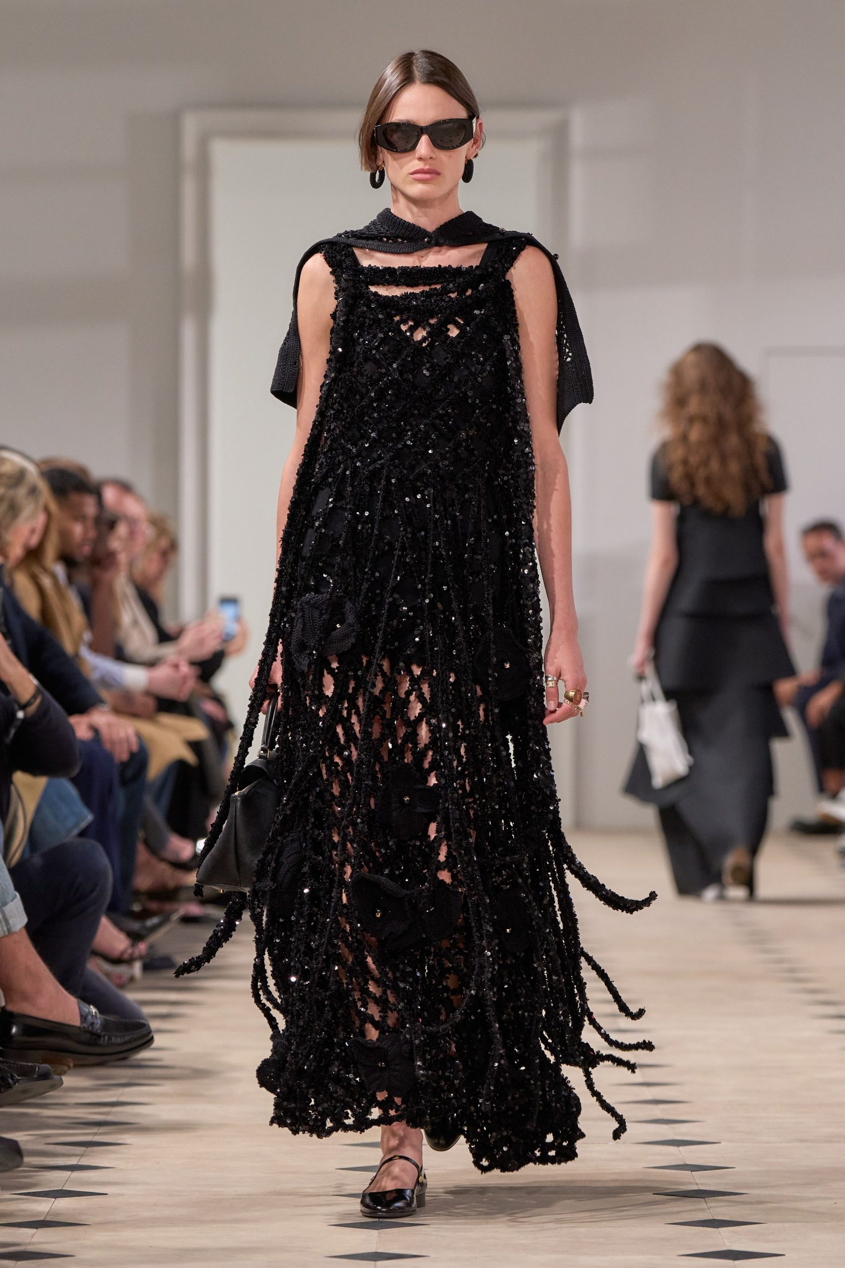 black lace sleeveless high-neck fitted embroidered layered dress