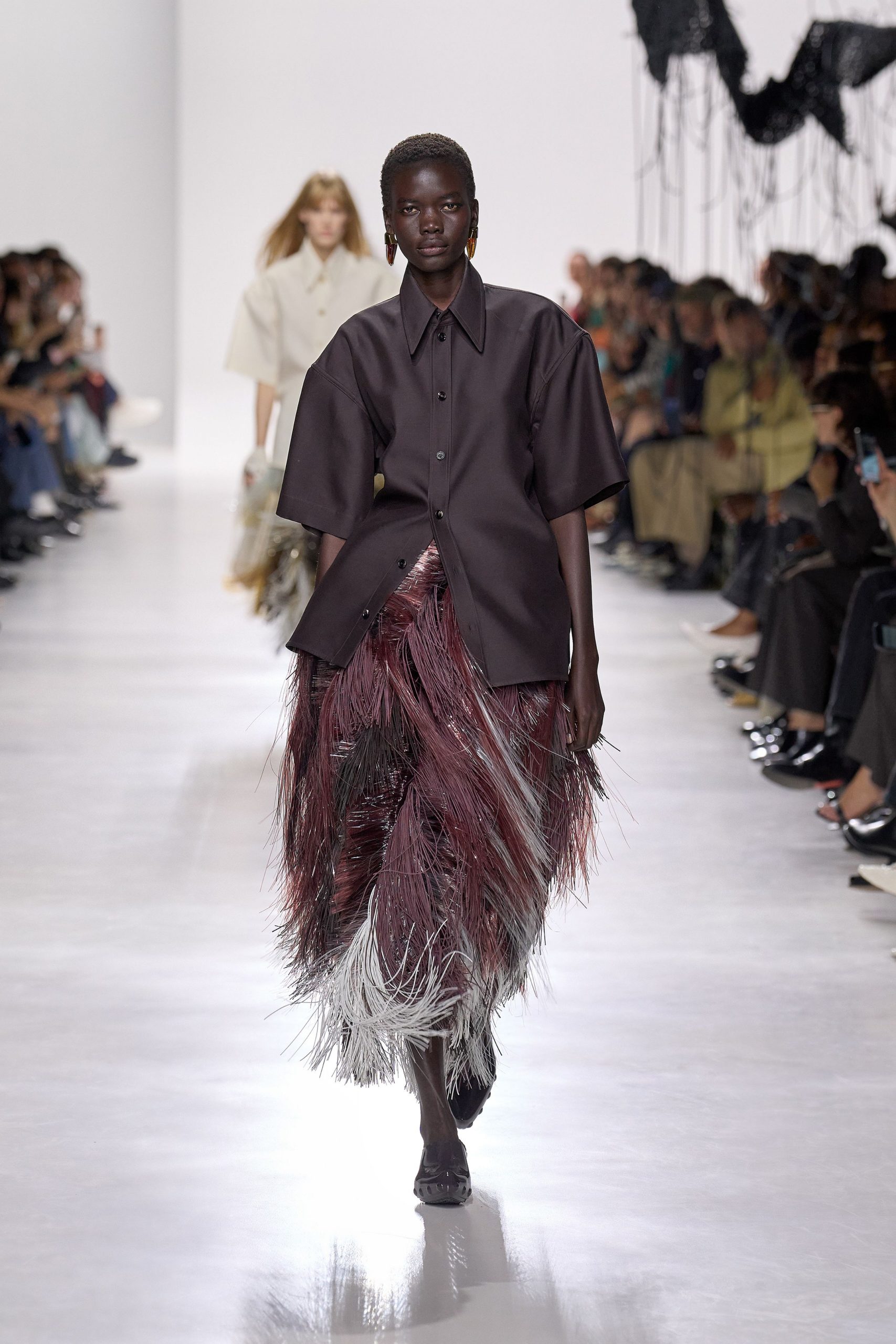 brown relaxed shirt with fringed skirt