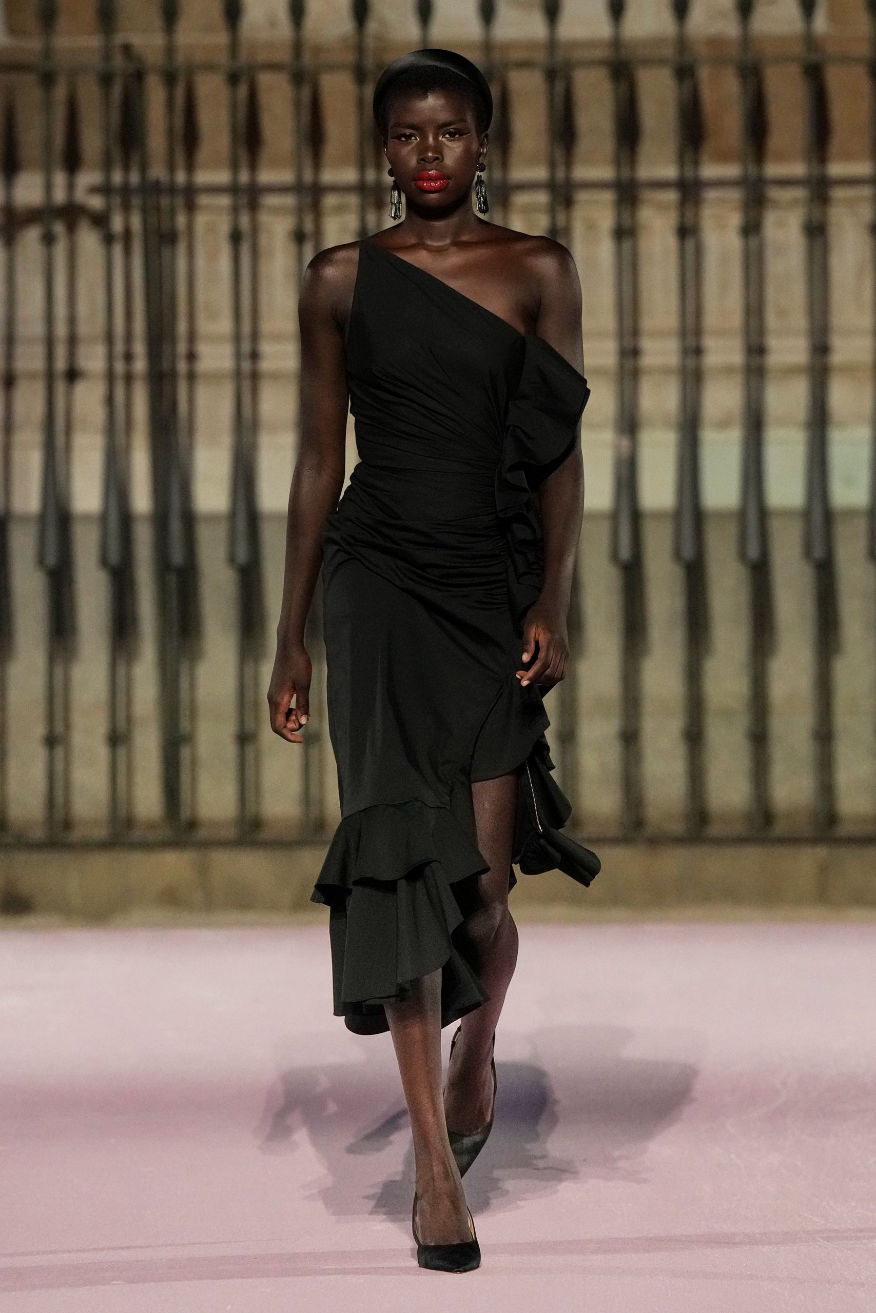black fitted asymmetric ruffled dress
