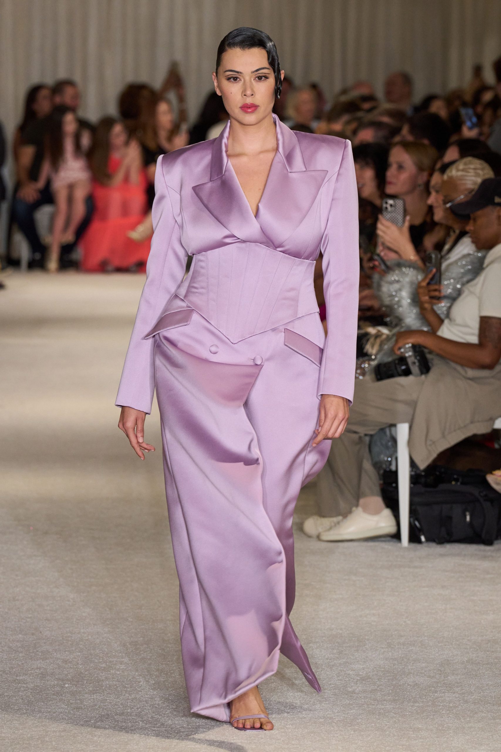 purple satin fitted gown