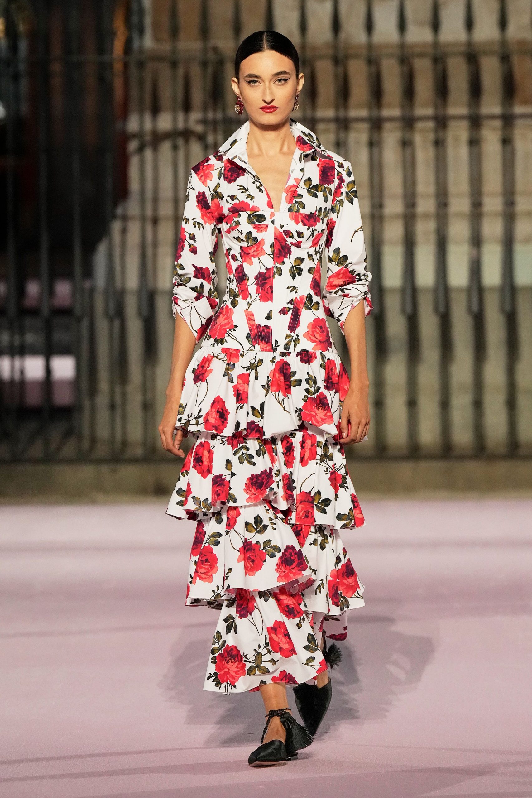 white cotton long-sleeve collared fitted floral flared dress