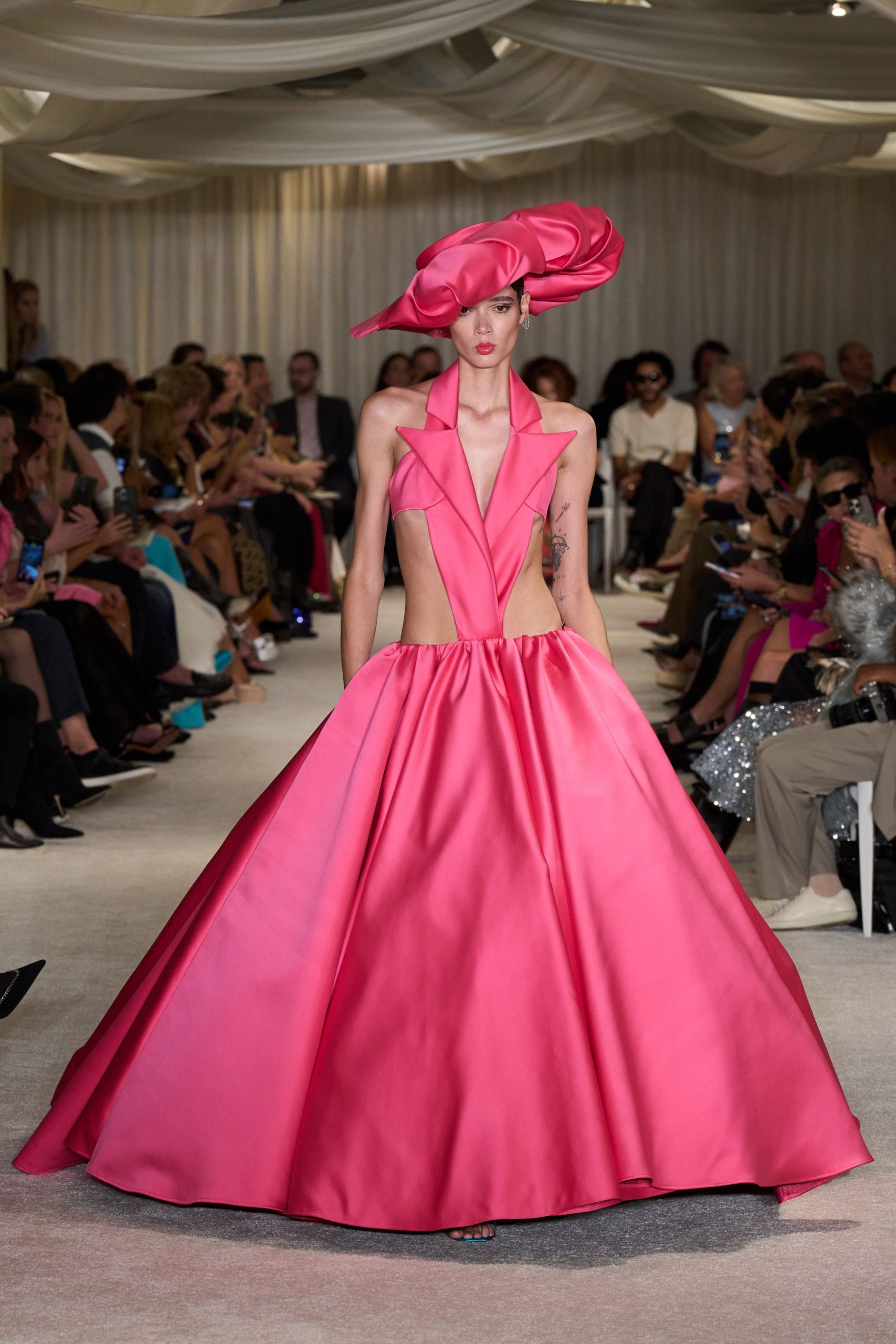 pink silk sleeveless collared fitted flared maxi gown