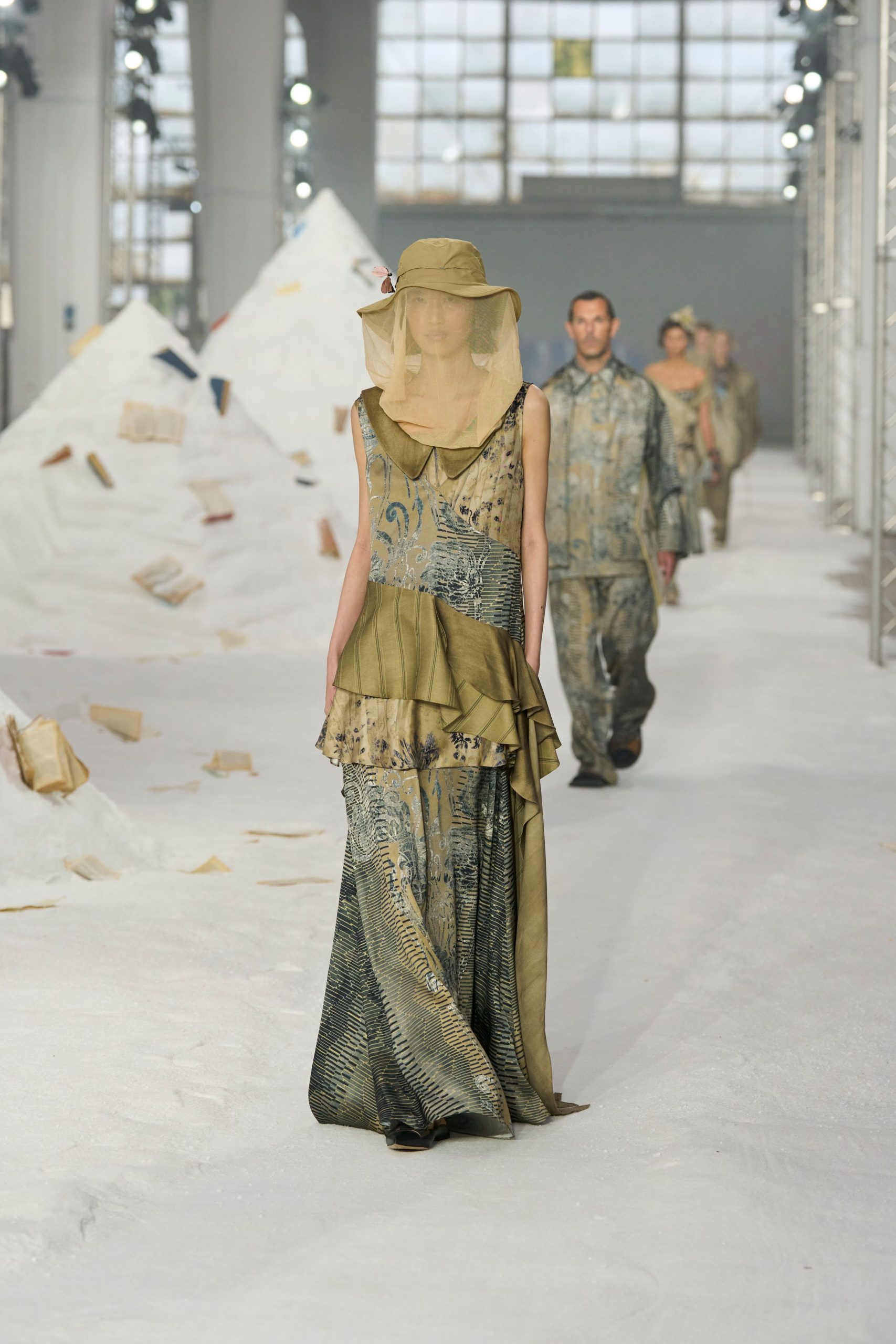 green silk sleeveless v-neck fitted layered printed dress