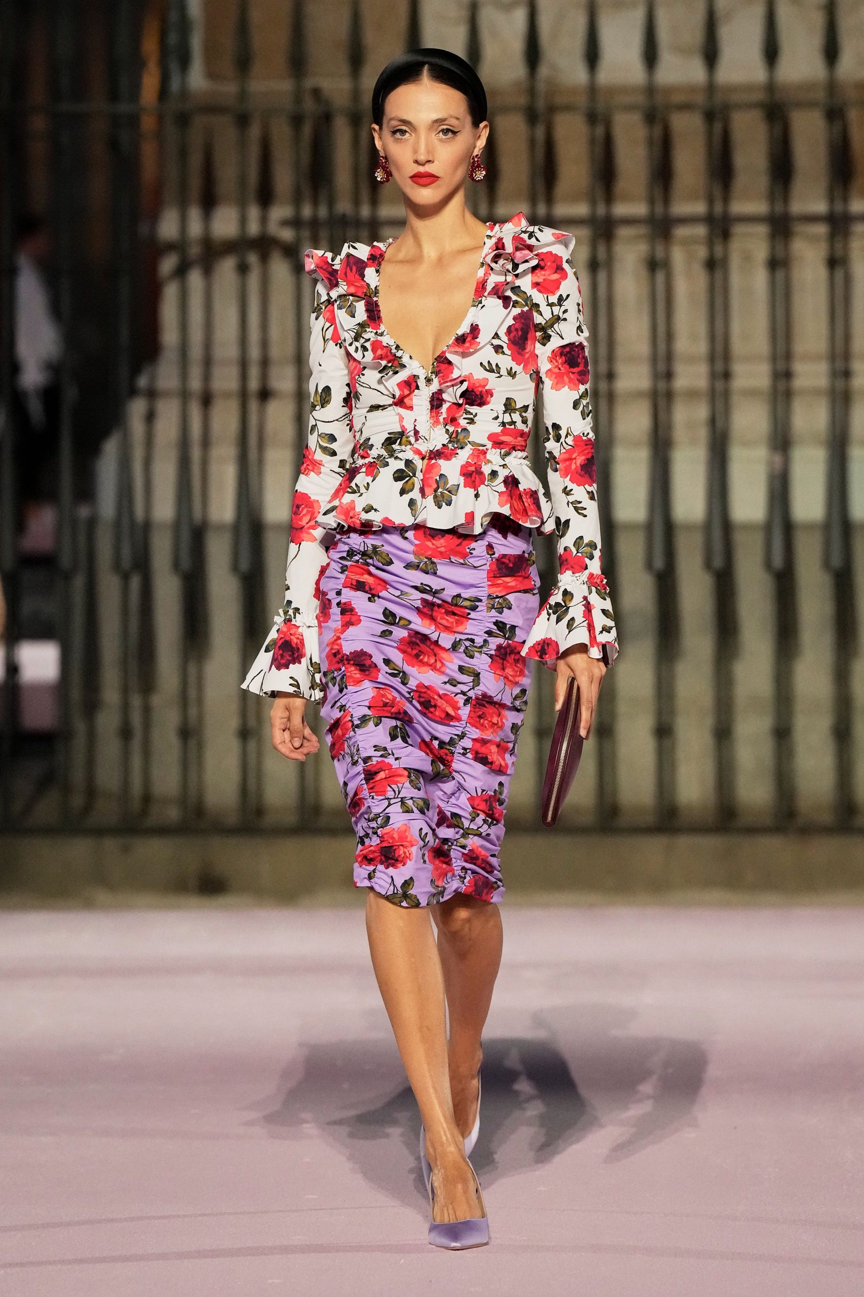 floral blouse and ruched skirt
