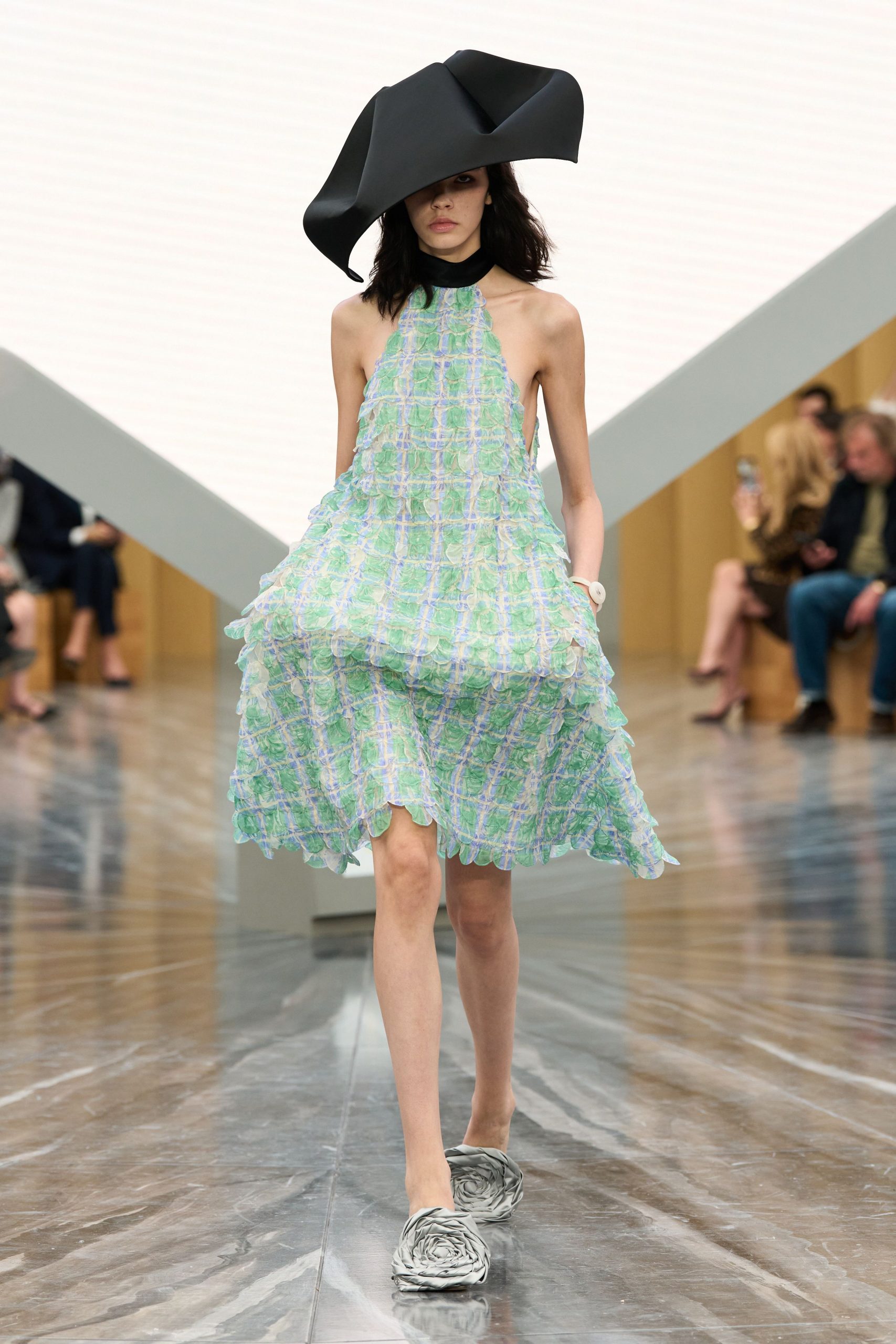 green silk sleeveless high-neck fitted ruffled layered dress