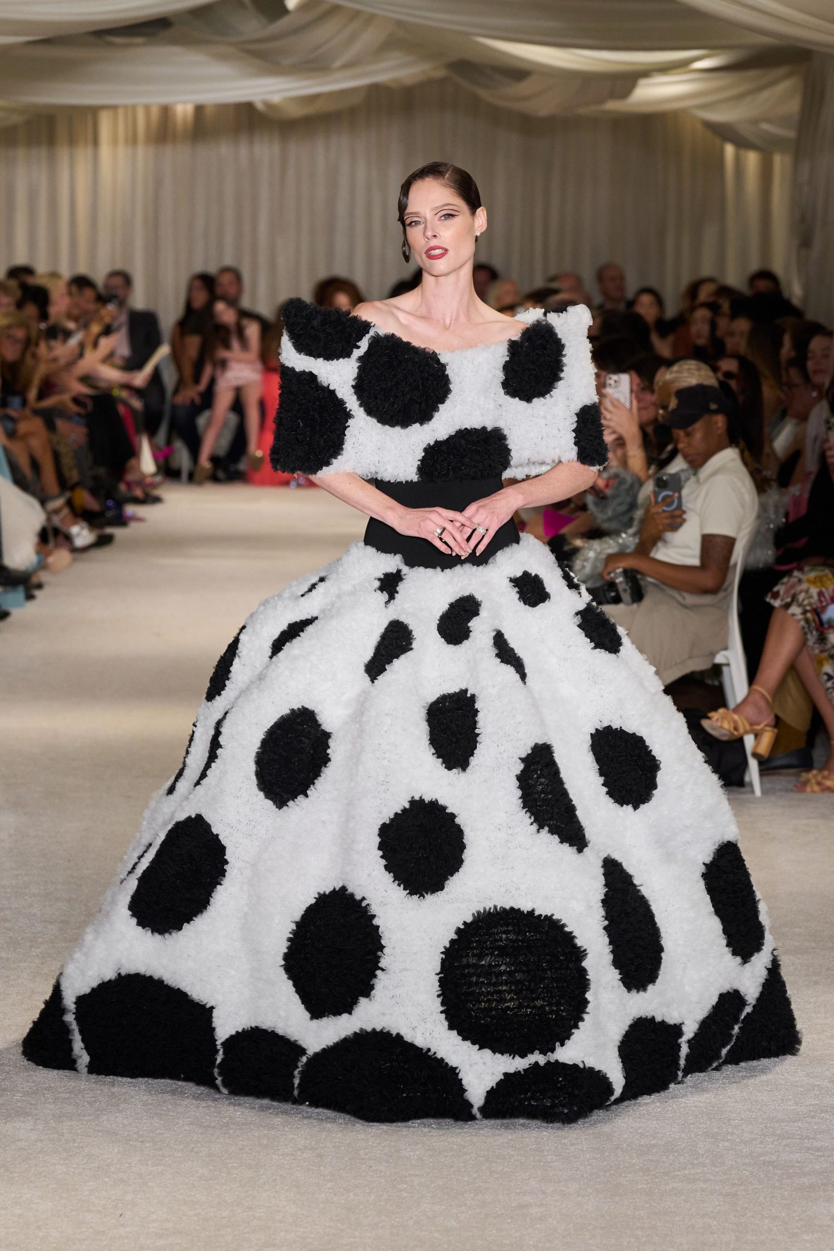 black and white polka-dot gown