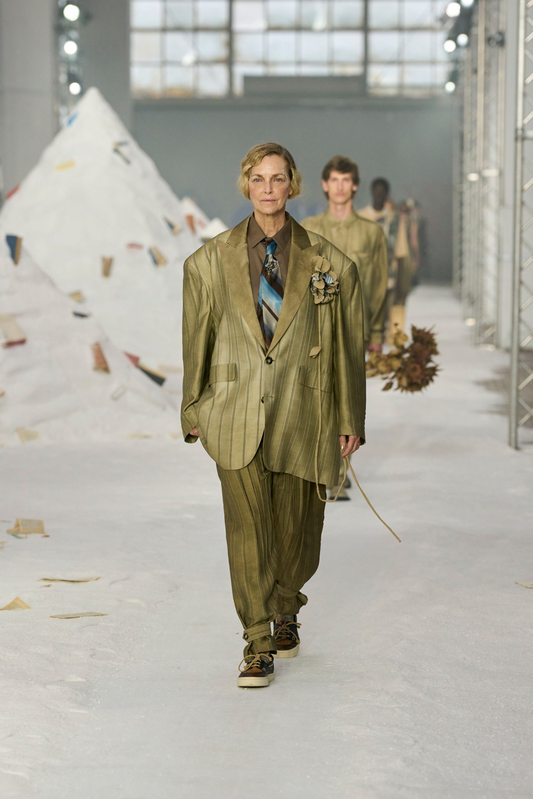 green striped tailored suit